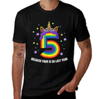 5 Years Old Birthday Girl Unicorn Rainbow 5th Birthday Gift  Ribbed Collar T-Shirt