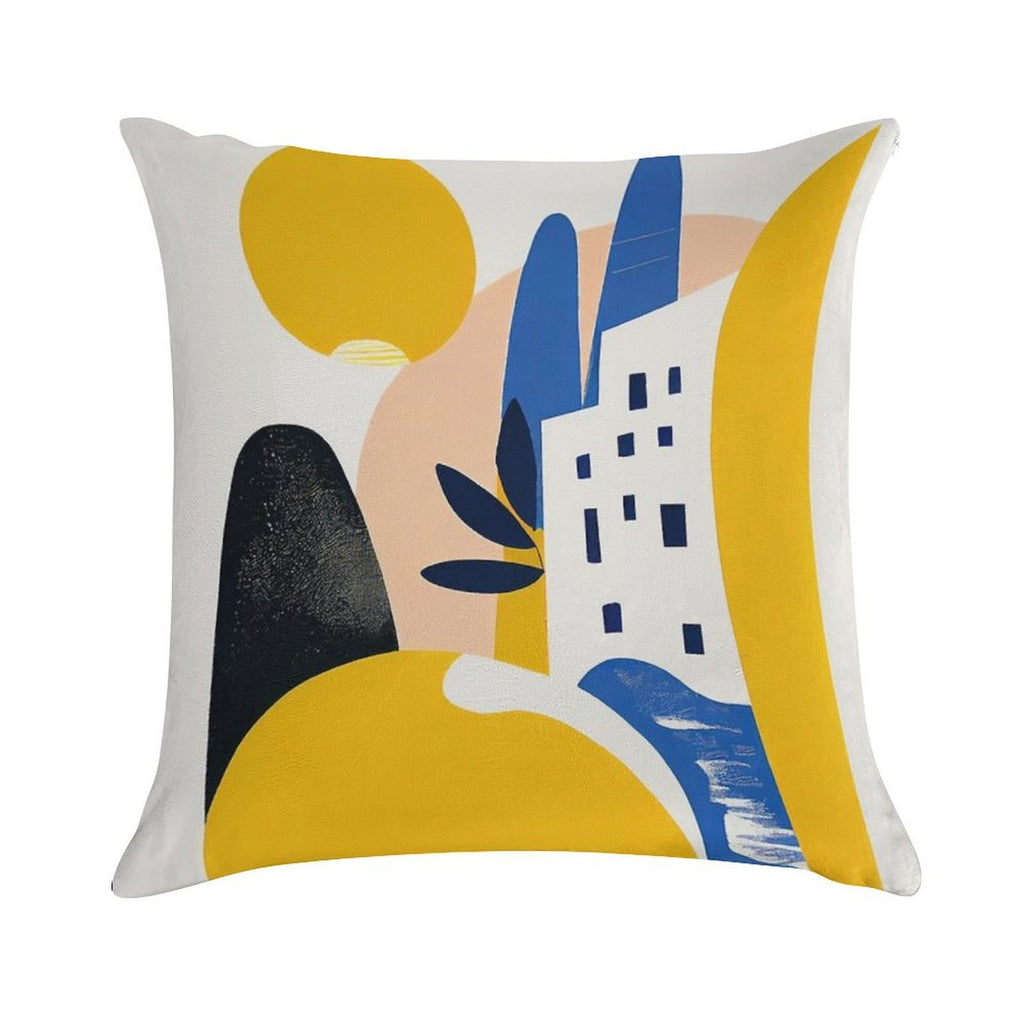 Abstract Mediterranean Desert City Yellow Blue Mid-Century Modern Boho Soft Fade-Resistant Throw Pillow
