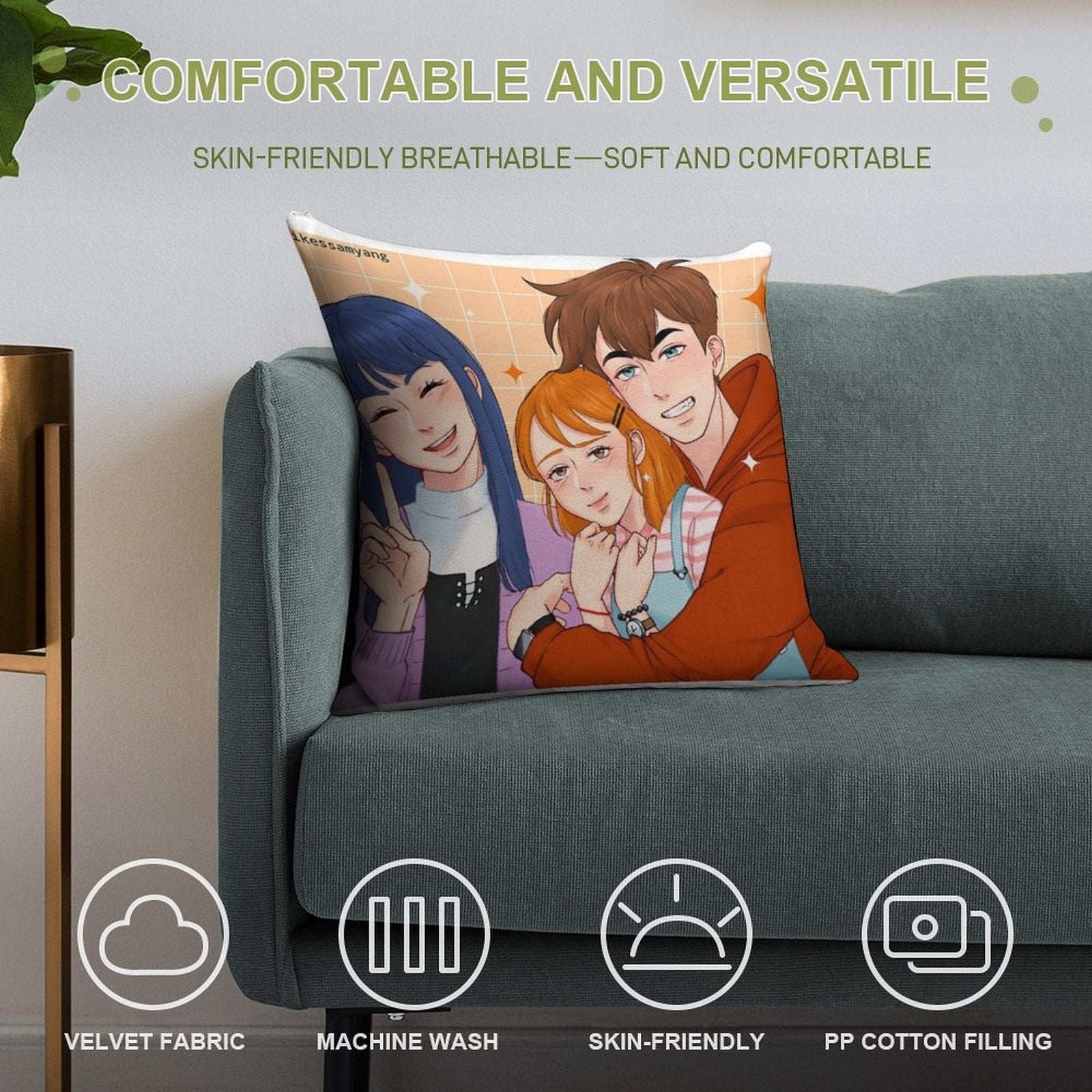 The Trio Friend Soft Skin-Friendly Throw Pillow