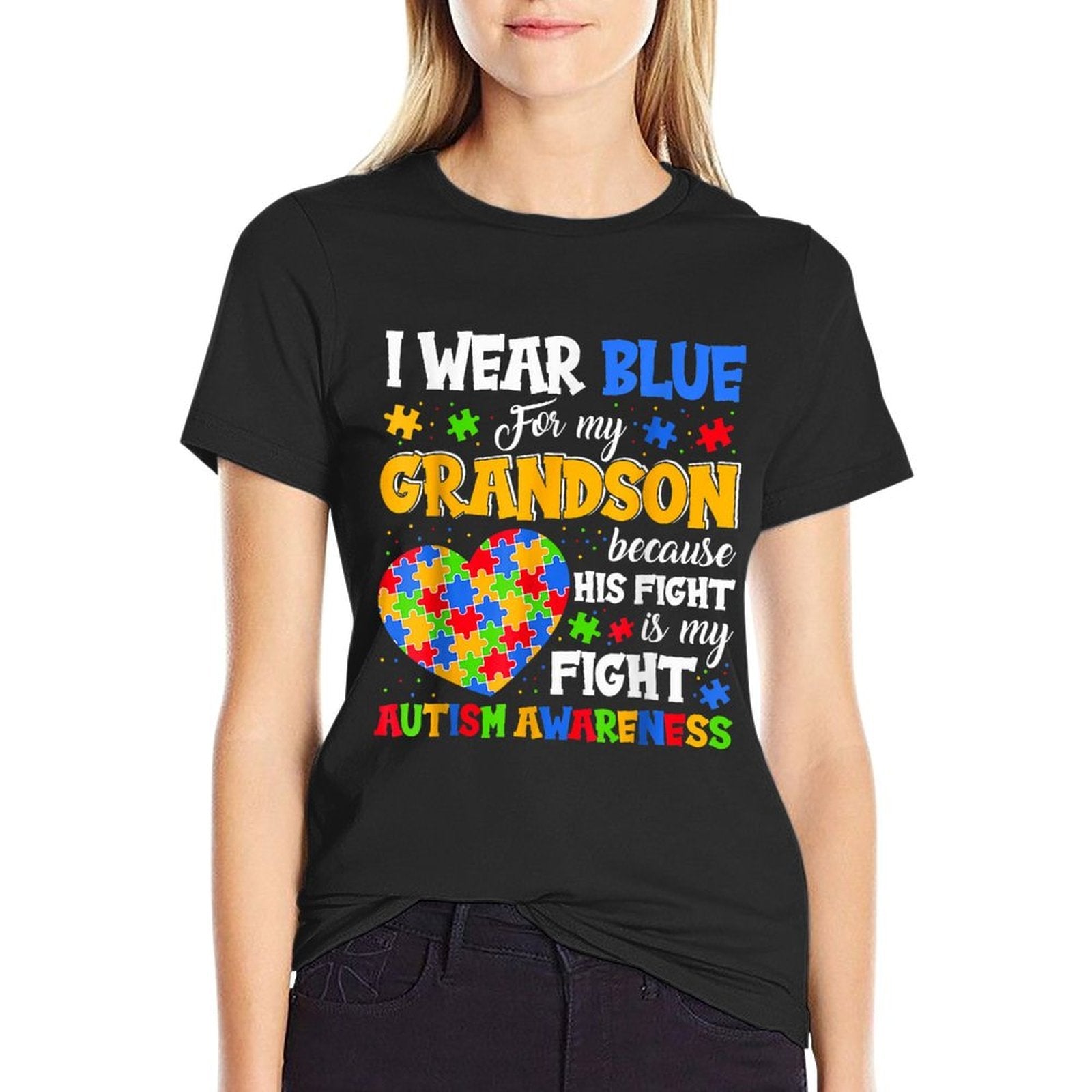Grandma Grandpa I Wear Blue For My Grandson Autism Awareness  High-quality Stitching T-Shirt