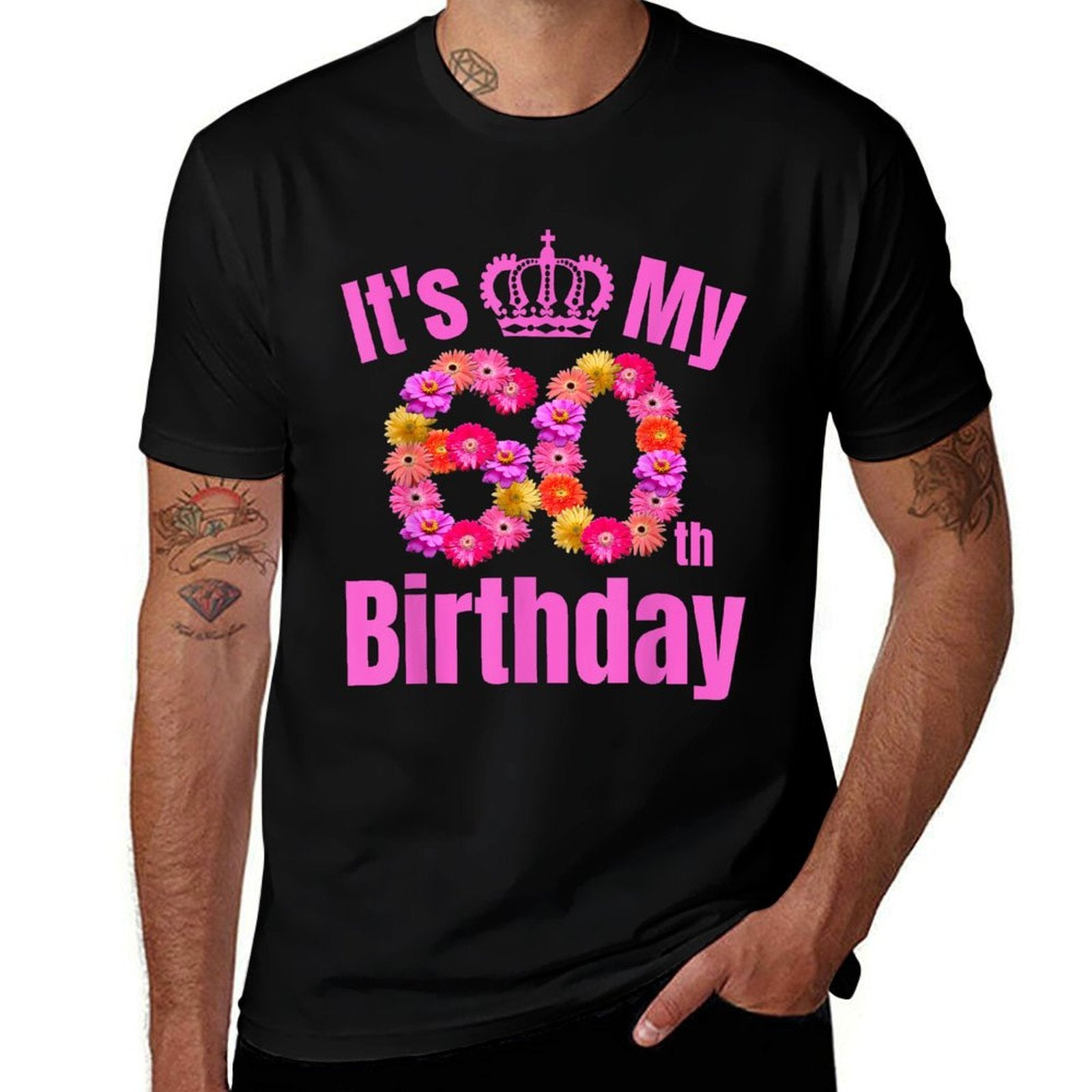60 Year Old Birthday Flower Birthday Its My 60th Birthday  Ribbed Collar T-Shirt