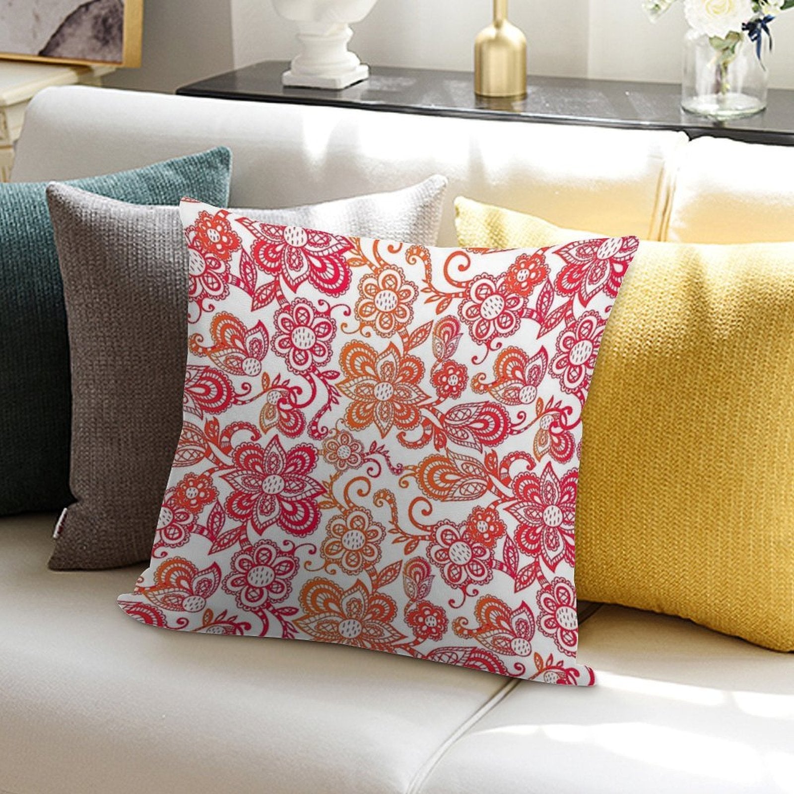 Orange And Red Paisley Pattern, Orange Paisley Floral Seamless Pattern, Orange Paisley Soft Fade-Resistant Throw Pillow