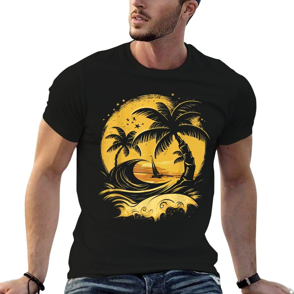 Tropical Palm Trees with Sailboat Beach Island Sunset  Soft T-Shirt