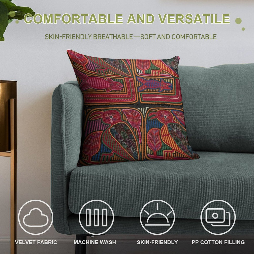 Birds And Fish Vintage Mola Textile Soft Skin-Friendly Throw Pillow