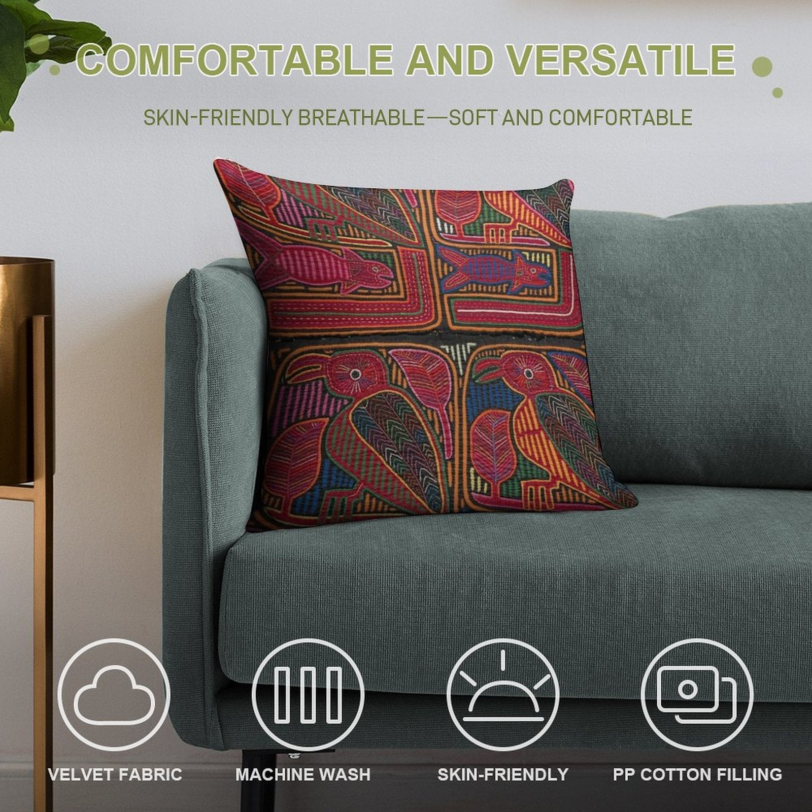 Birds And Fish Vintage Mola Textile Soft Skin-Friendly Throw Pillow