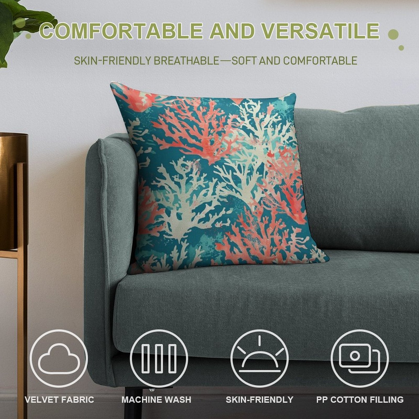 Teal Coral Reef Pattern Soft Multiple Sizes Throw Pillow