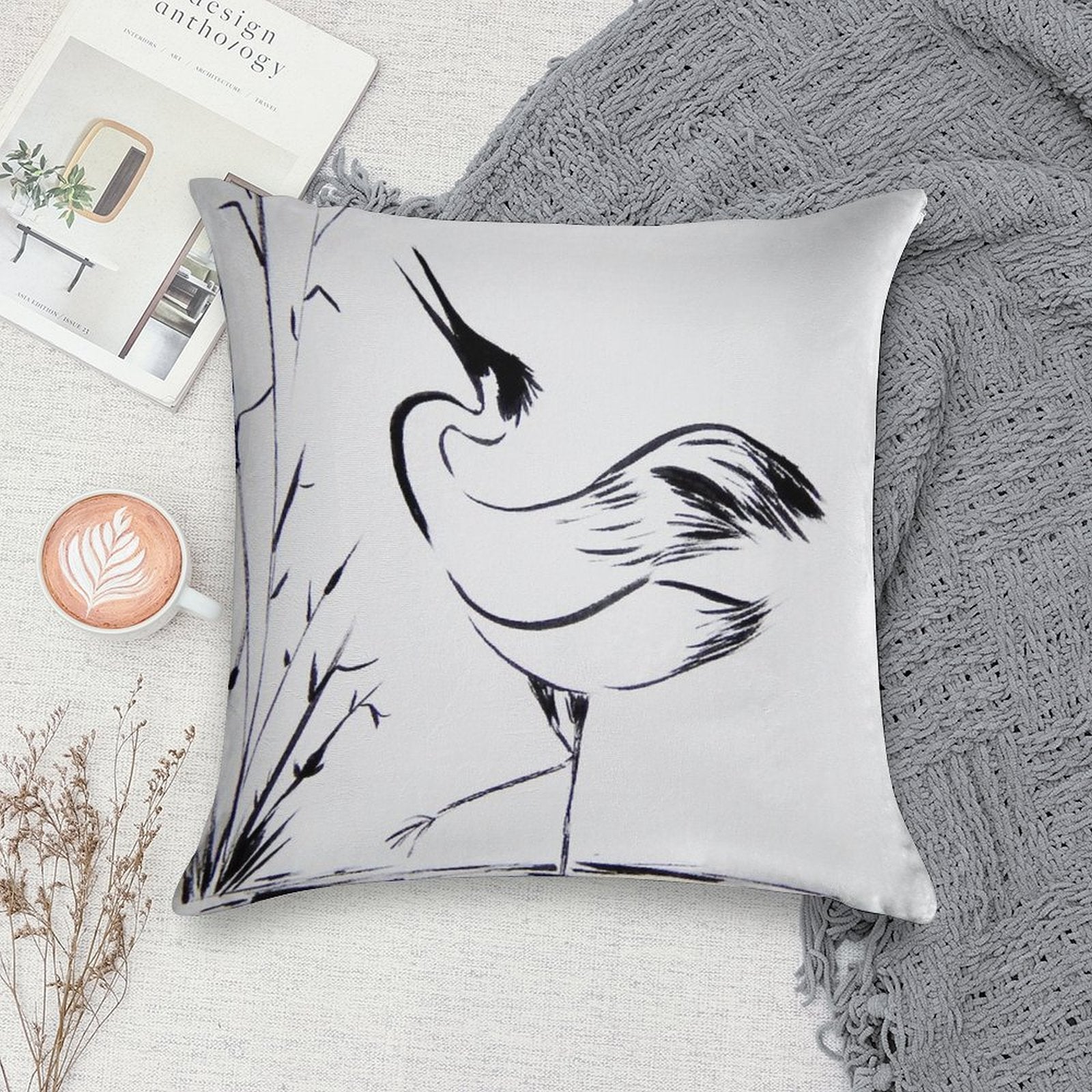Crane in Water Looking Up  Minimalist Line Drawing  Cranes Zen Art Soft Decorative Cover Throw Pillow