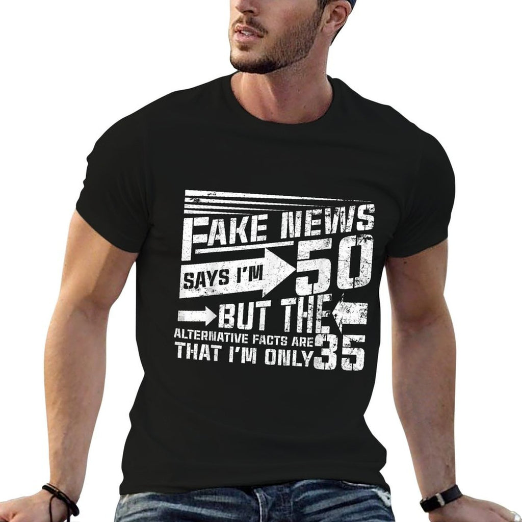 50th Birthday Funny Fake News Says I'm 50  Ribbed Collar T-Shirt