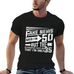 50th Birthday Funny Fake News Says I'm 50  Ribbed Collar T-Shirt