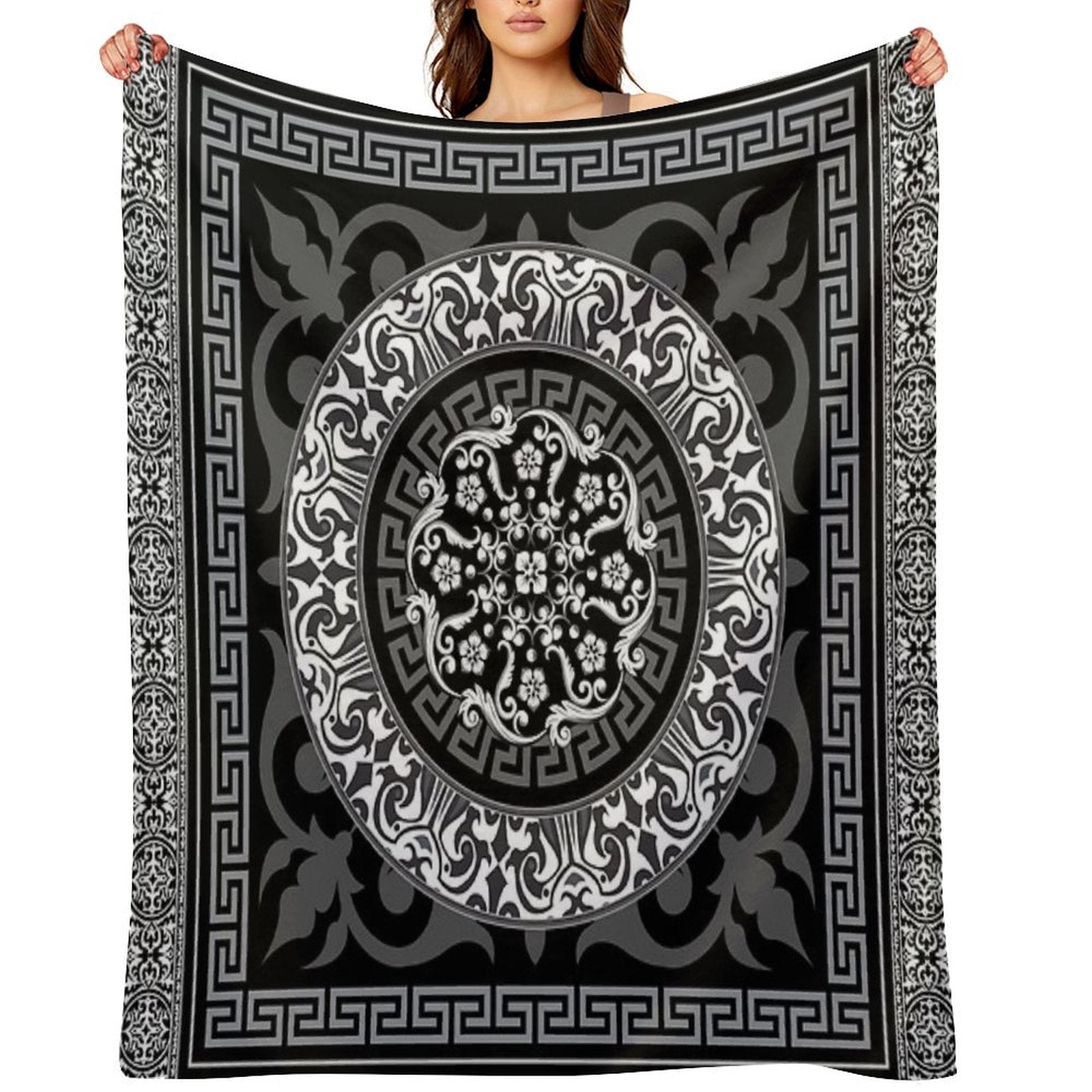 Ornate Baroque Black Grey White Greek Key Plush Throw Blanket