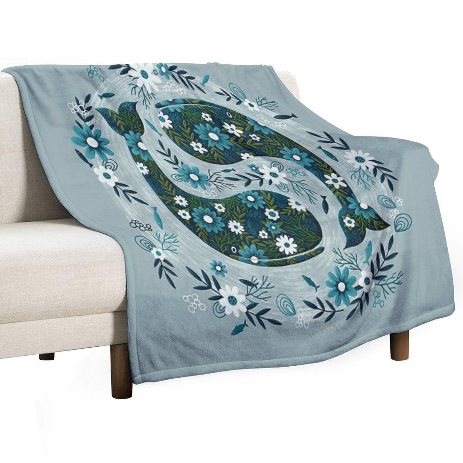 Pretty Floral Whales Circle in Blues And Greens Multi-functional Throw Blanket