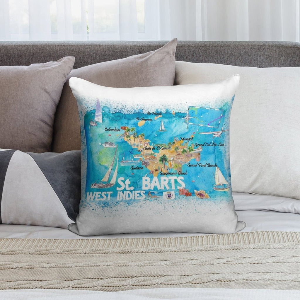 St Barts Antilles Illustrated Caribbean Map with Highlights of West Indies Island Dream Soft Bedroom Essential Throw Pillow