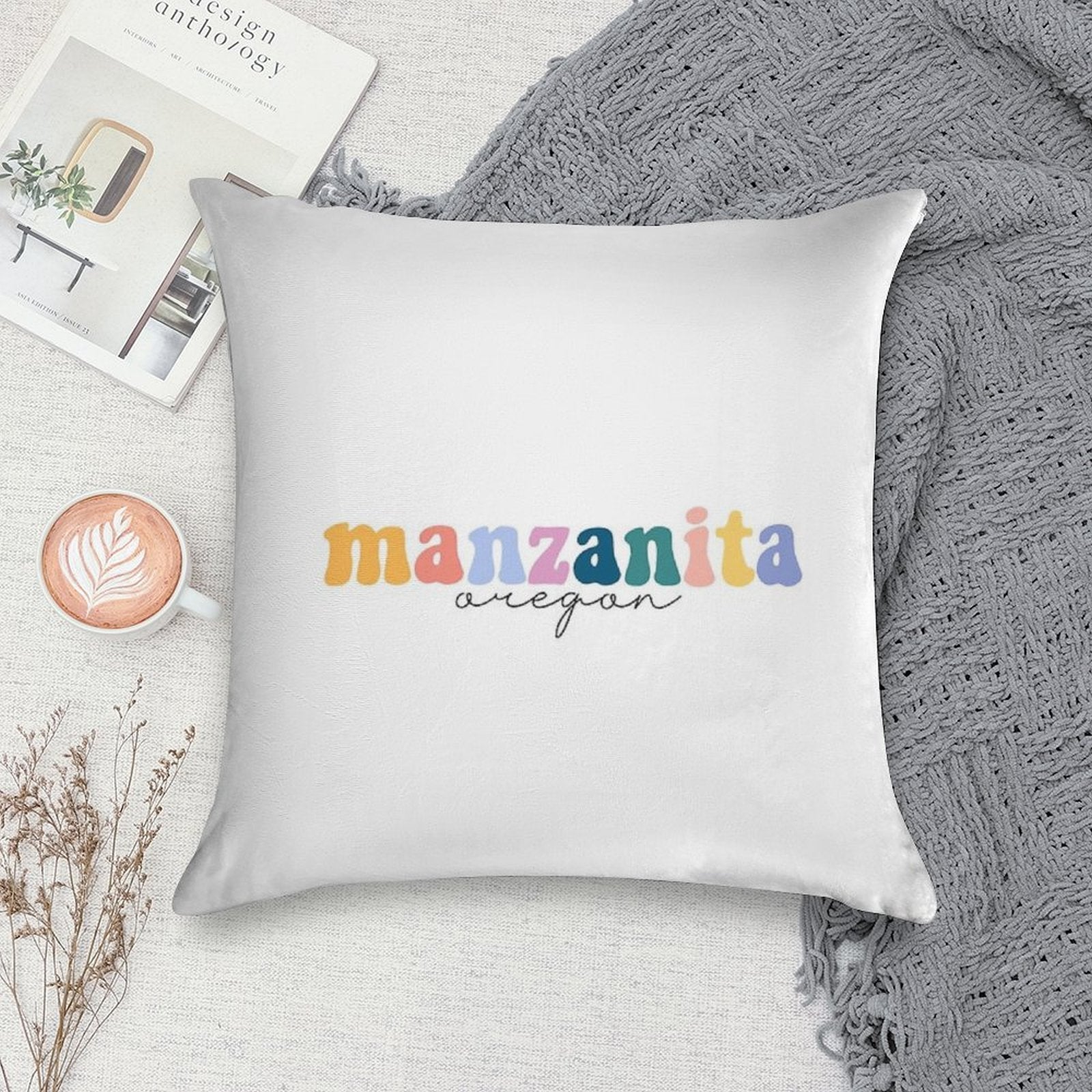 Manzanita Oregon Groovy Rainbow Pastel Lettering Soft Warmth Comfort Throw Pillow
