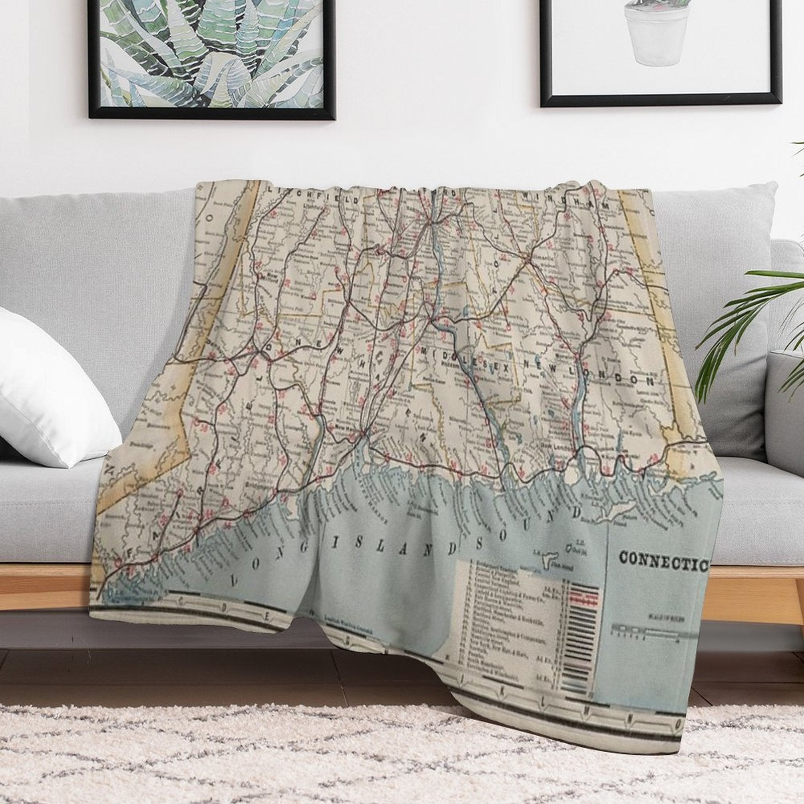Vintage Connecticut Map Machine-washable Throw Blanket