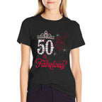 50 And Fabulous Queen Happy Birthday 50th Pink Rose Red Wine  Trendy Pattern T-Shirt