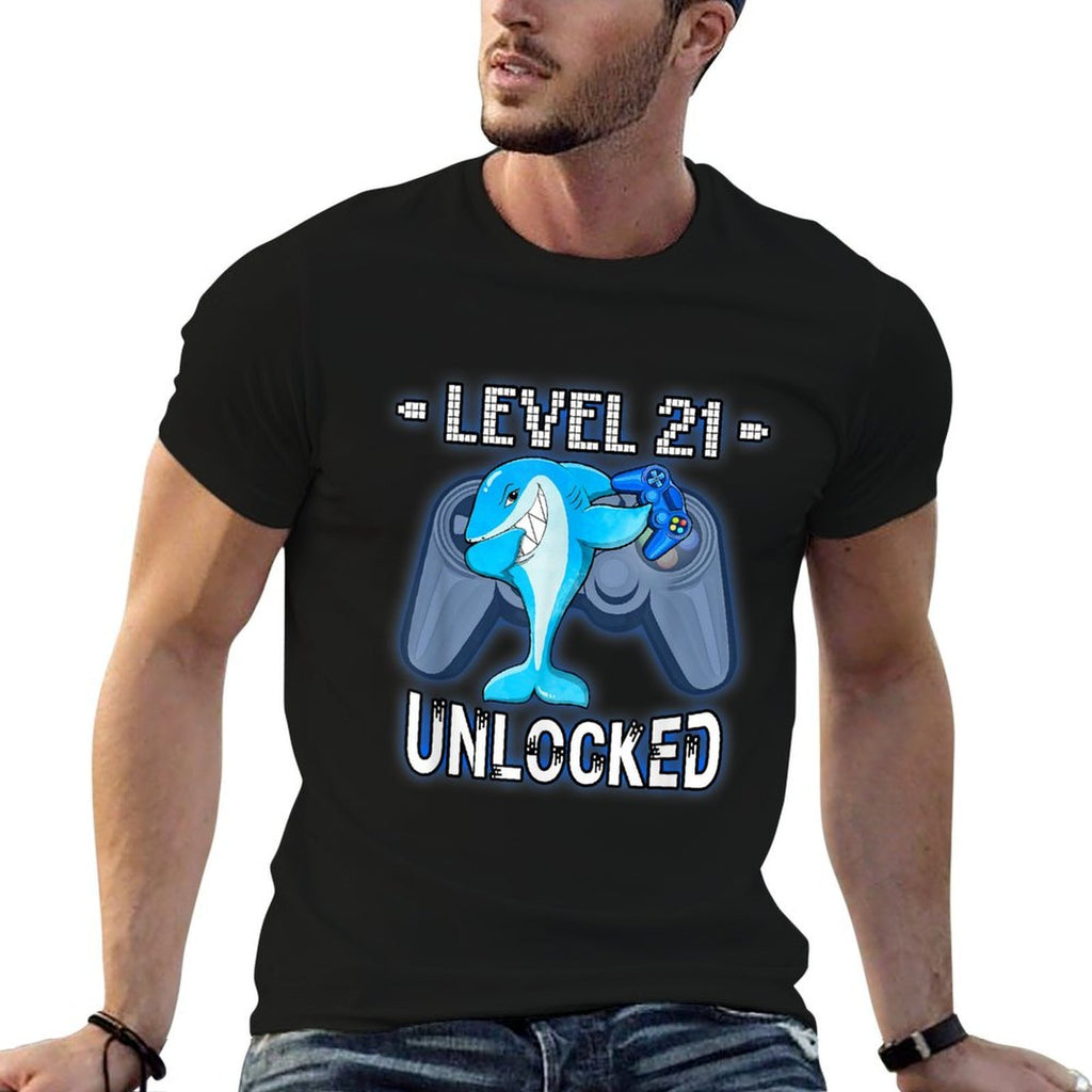 Level 21 Unlocked - Funny Dabbing Shark Gamer 21st Birthday  Trendy Pattern T-Shirt