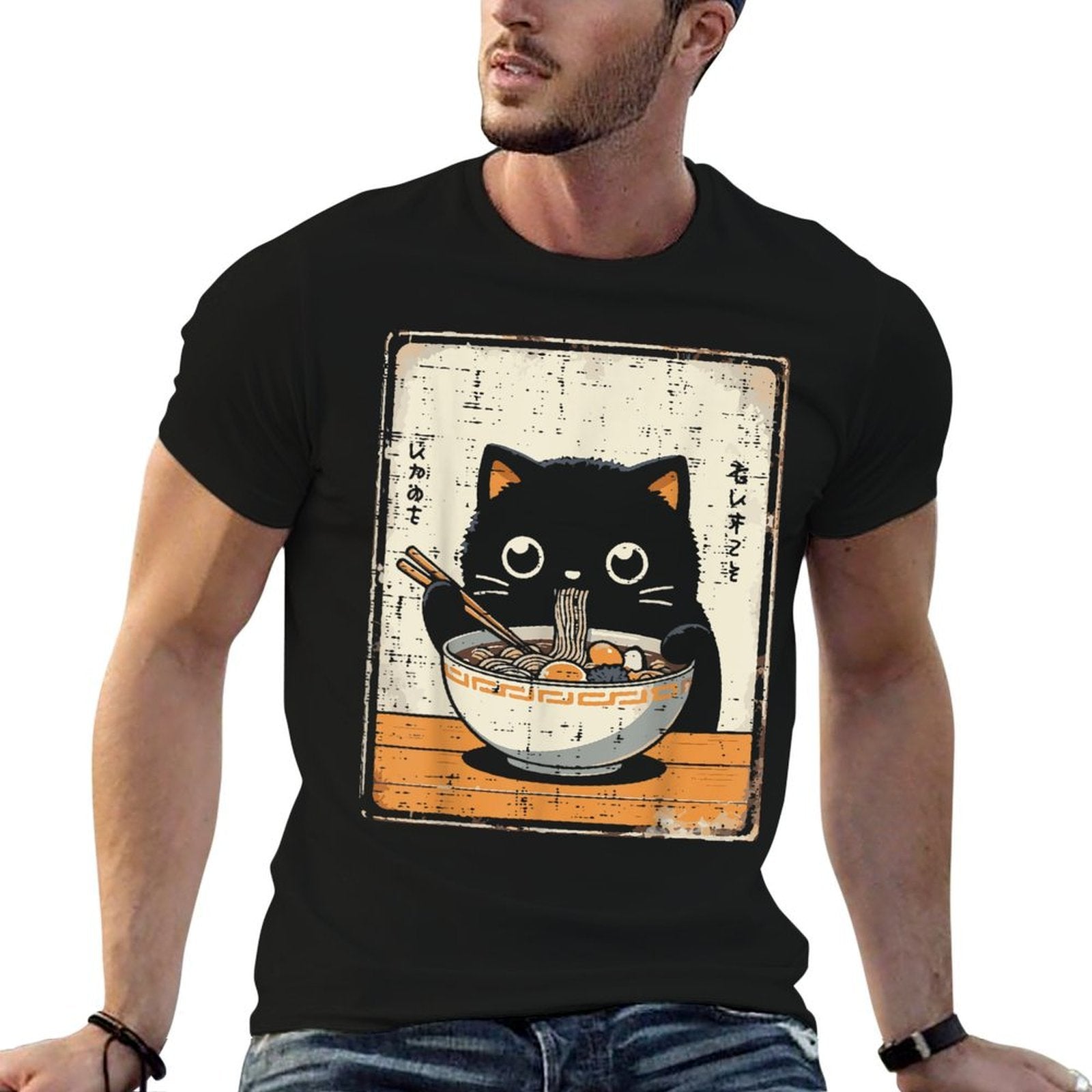 Japanese Black Cat Ramen Kawaii Noodles Art Women Girls Kids  Eco-friendly Material T-Shirt