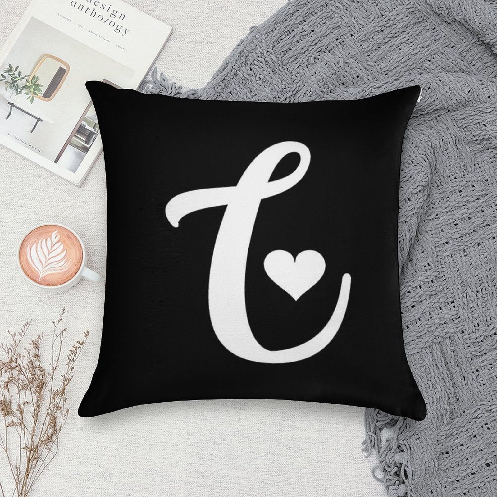 White And Black Letter C Initial Name Minimalist Heart Monogram Graphic Cute Shaped Cool Design on Black Background Soft Hidden Zipper Throw Pillow