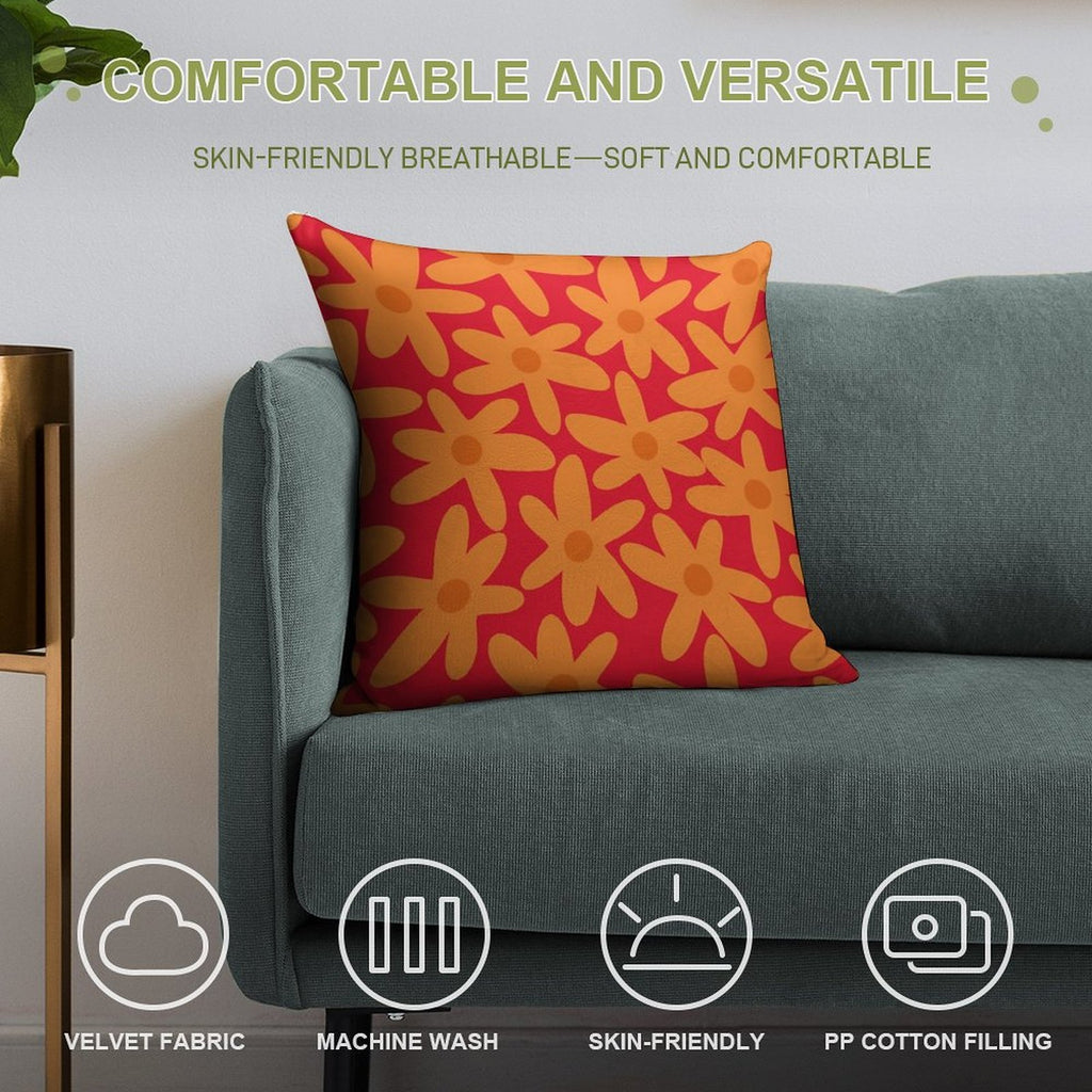 Daisy Time Retro Floral Pattern in Orange And Red Soft Gift Ready Throw Pillow