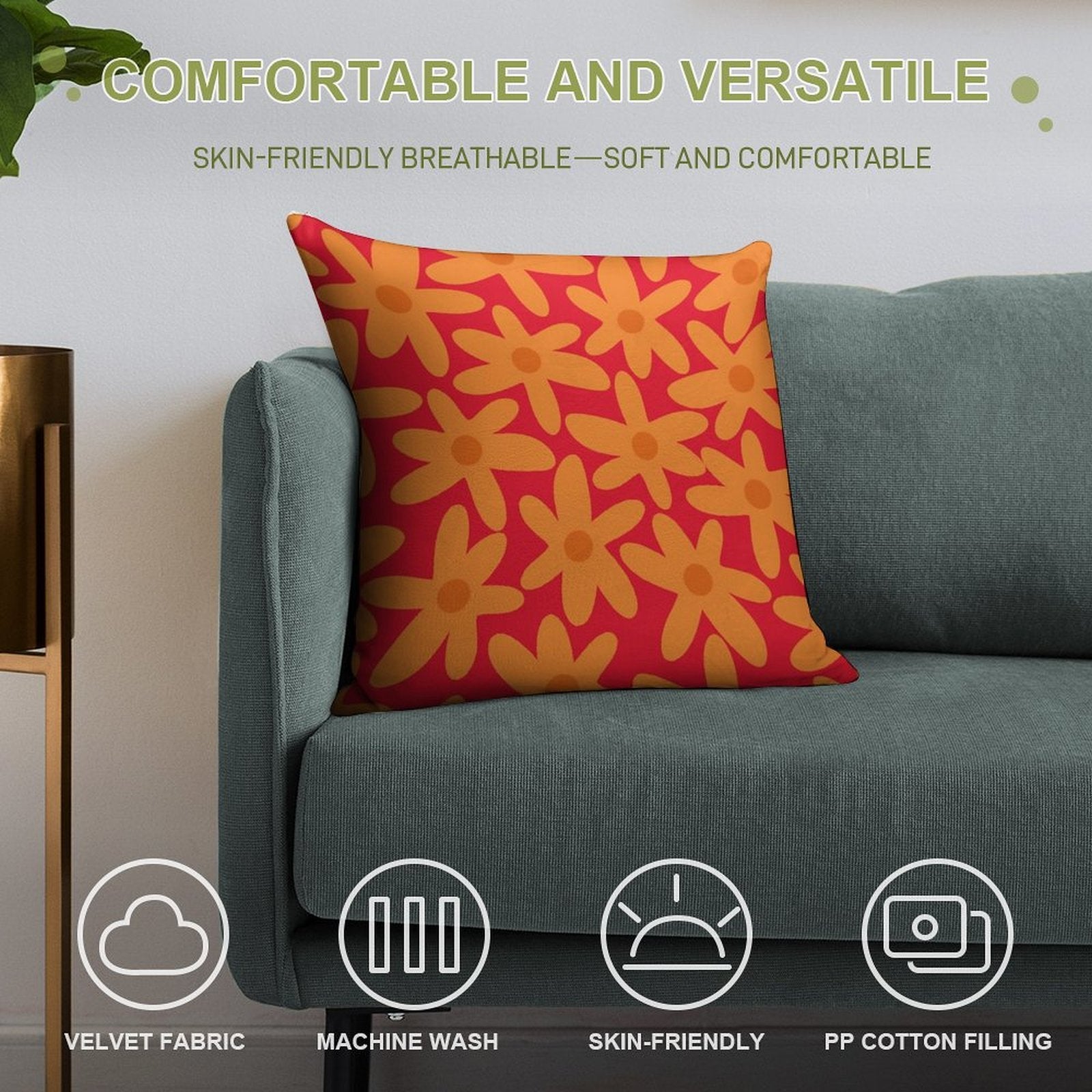 Daisy Time Retro Floral Pattern in Orange And Red Soft Gift Ready Throw Pillow