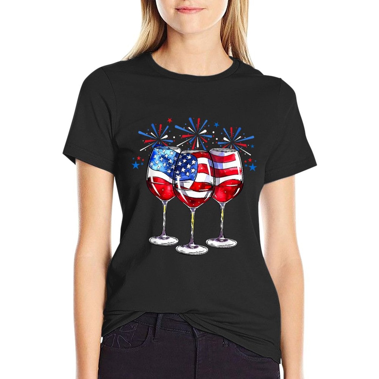 4th Of July Wine Glasses Patriotic Red White Blue USA  Cotton T-Shirt