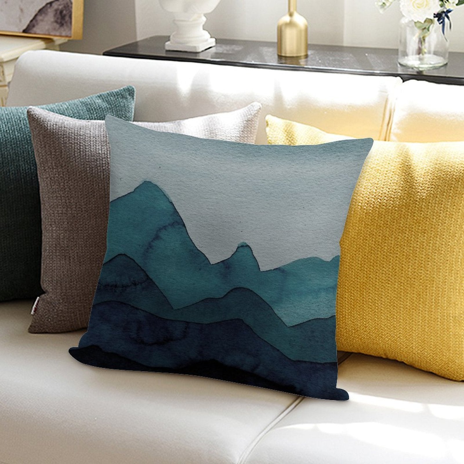 Mountains in Petrol, Blue, Turquoise, Green, Azure, Gray, Black Soft Style Accent Throw Pillow