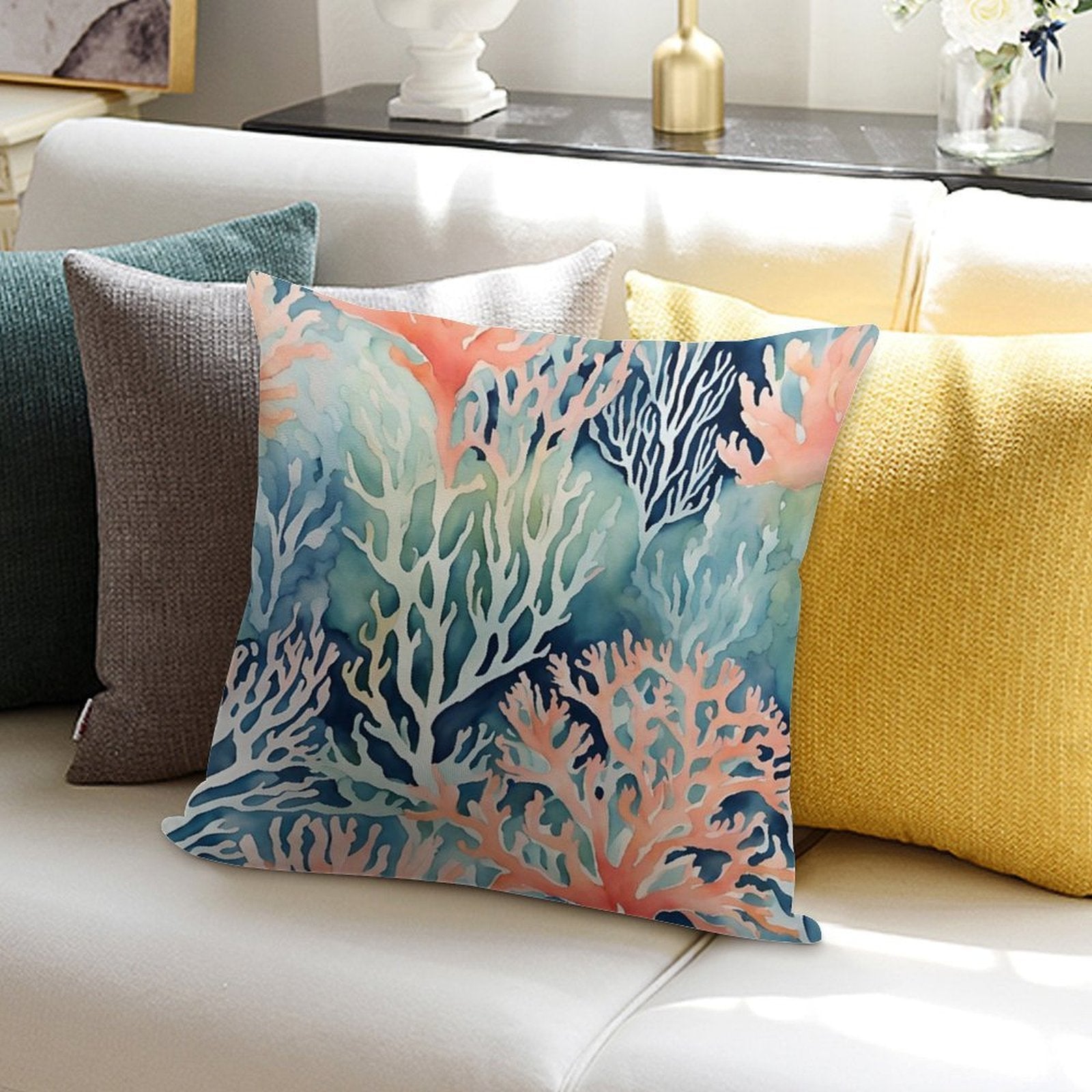 Navy Blue Teal Orange Coral Reef Beach Coastal Soft Washable Throw Pillow