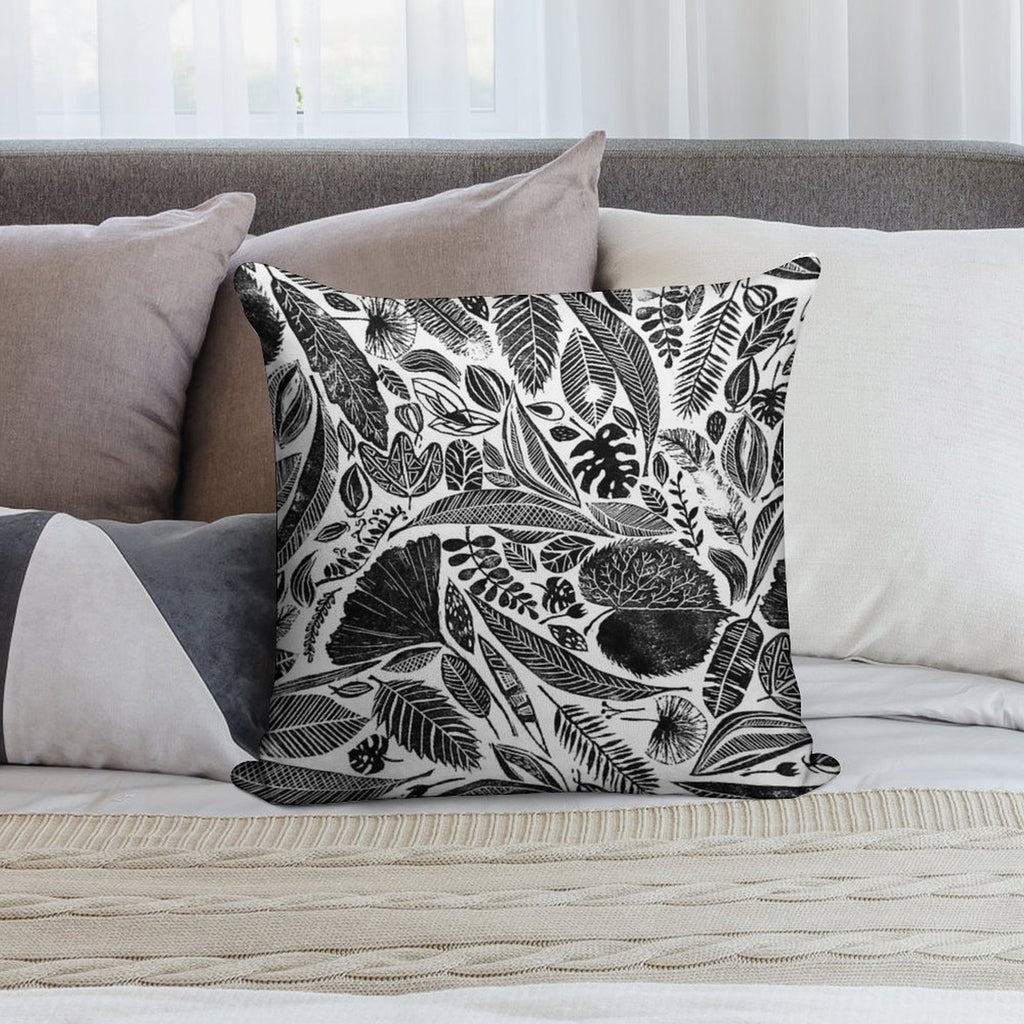 Mixed Leaves, Lino Cut Printed Nature Inspired Hand Printed Pattern Soft Washable Throw Pillow