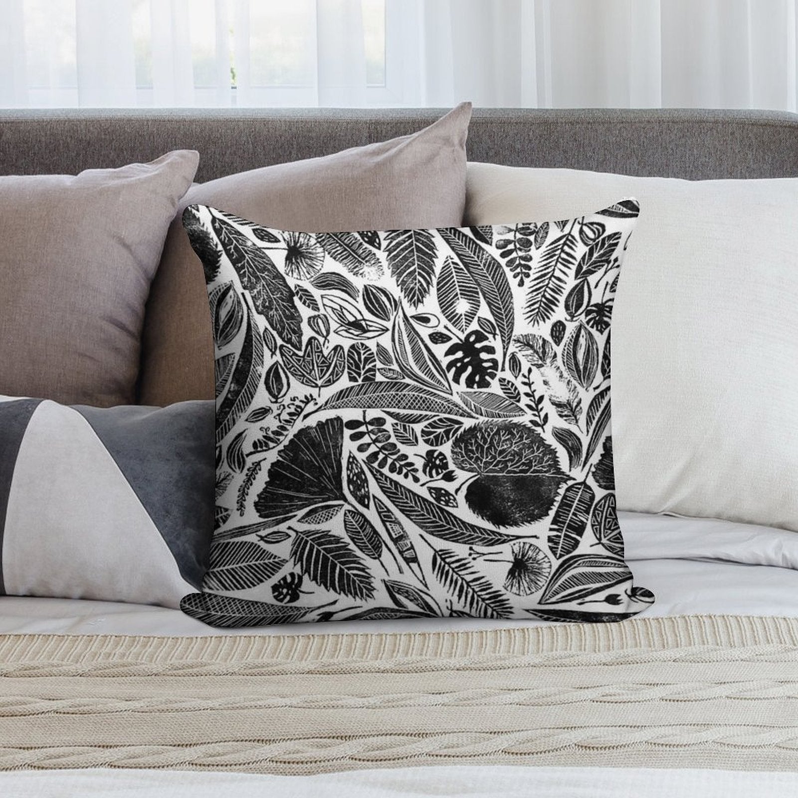 Mixed Leaves, Lino Cut Printed Nature Inspired Hand Printed Pattern Soft Washable Throw Pillow