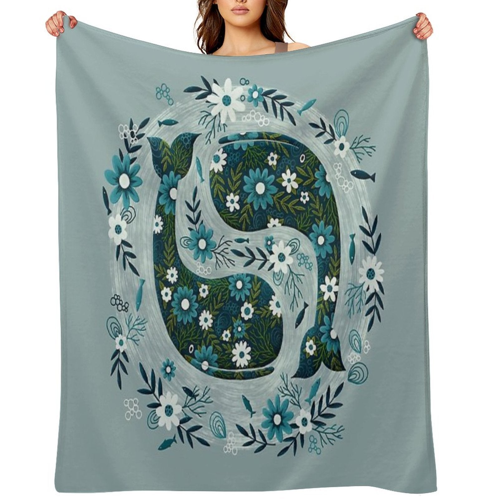 Pretty Floral Whales Circle in Blues And Greens Multi-functional Throw Blanket
