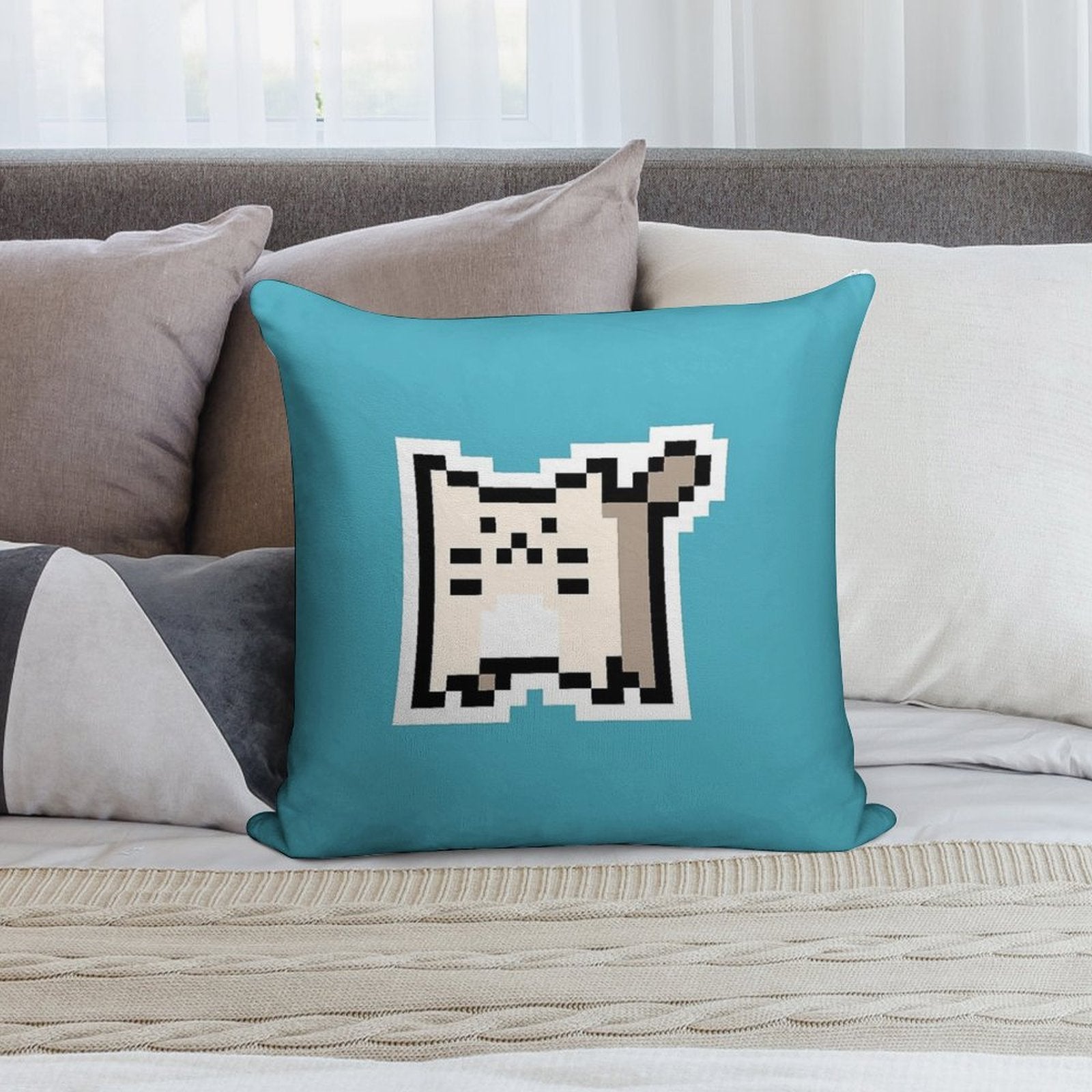 White Pixel-Cat Soft Home Decor Throw Pillow