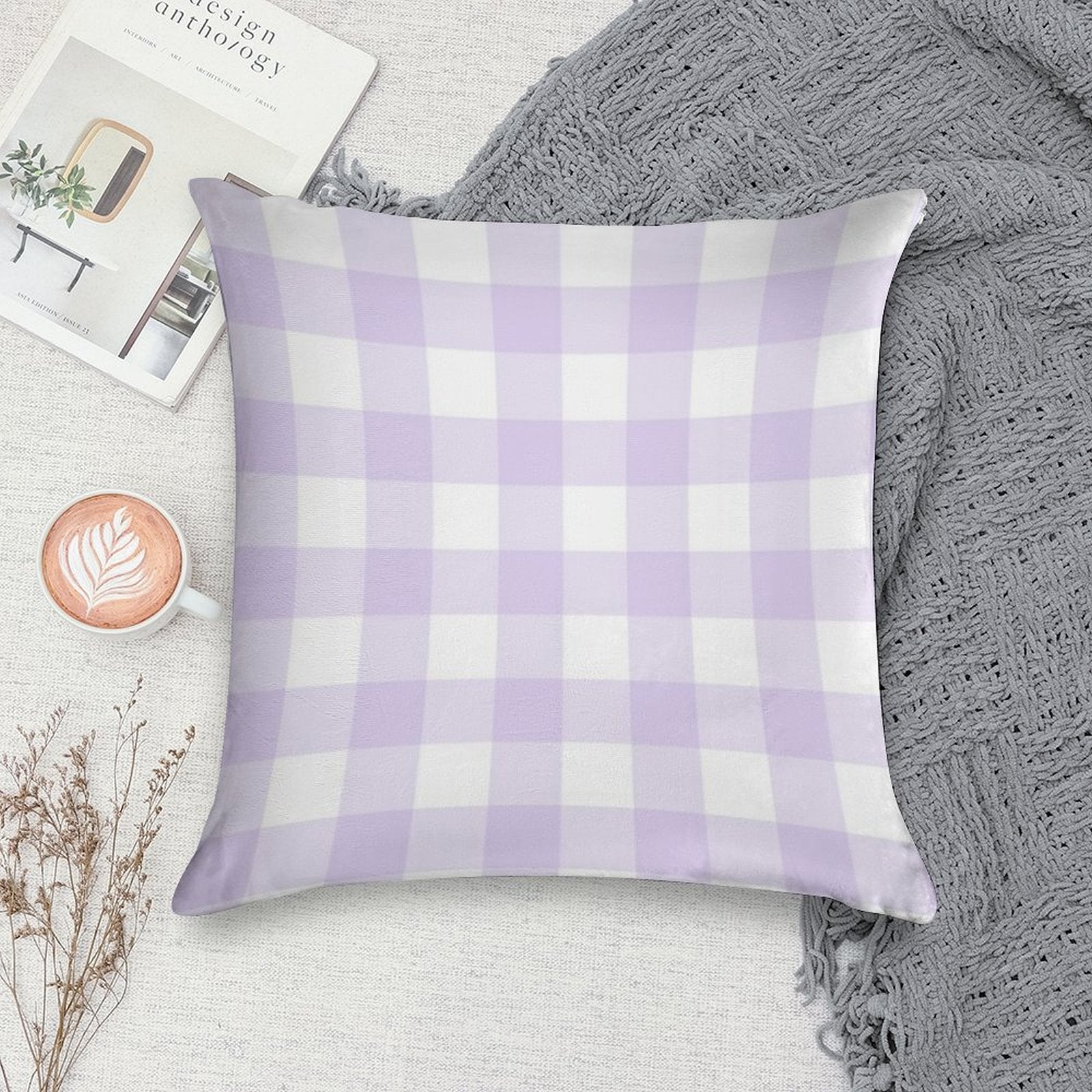 Pastel Purple Gingham Pattern (Large Wide Print) Soft Shrink-Resistant Throw Pillow