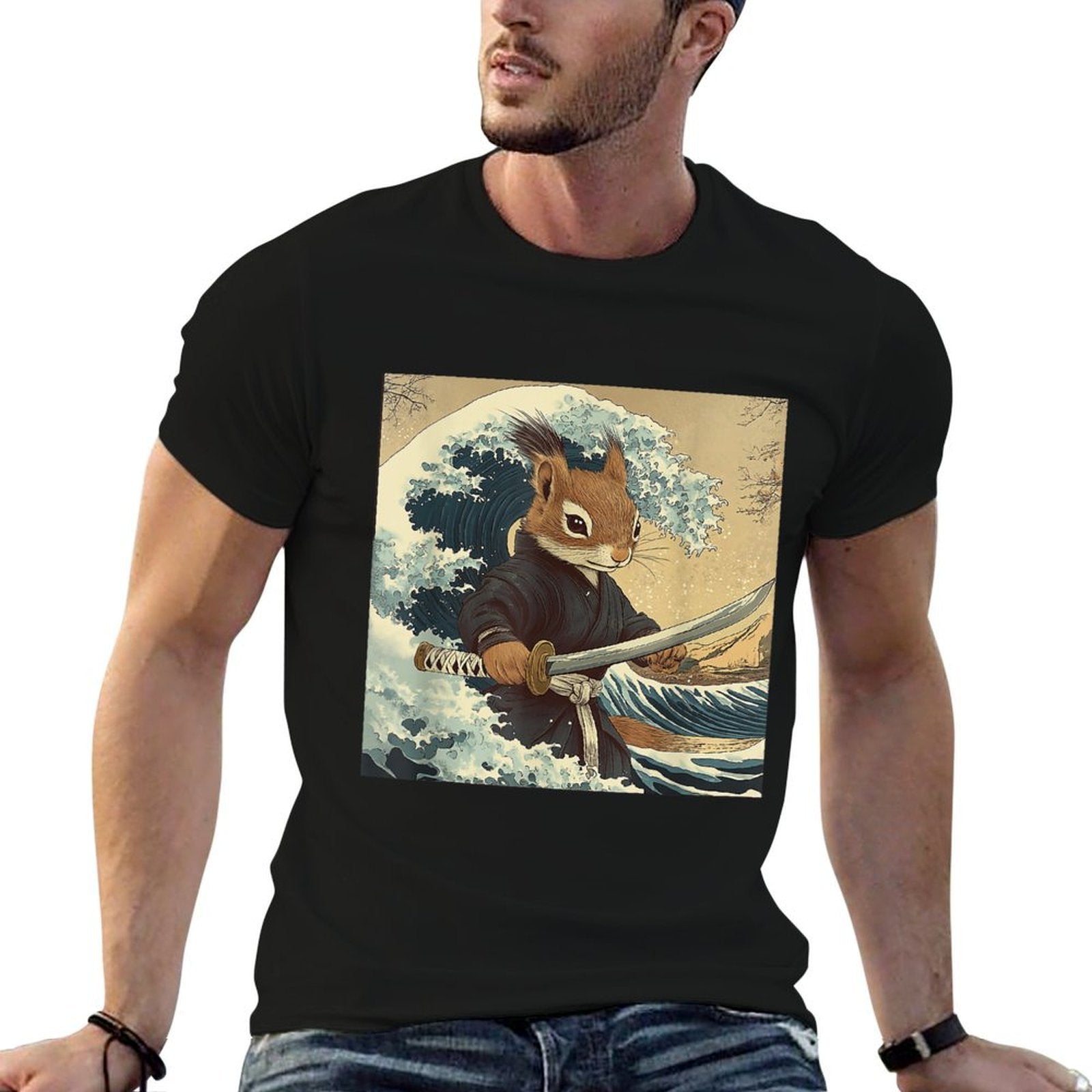 Squirrel Samurai Warrior Vintage Japanese Art Anime  Cotton T-Shirt