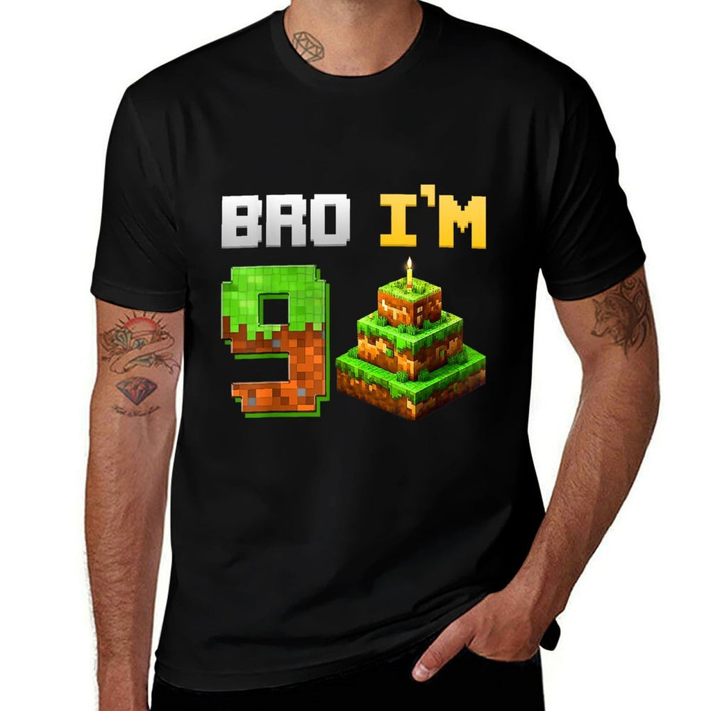 Kids Boy It's My 9th Birthday Bro Game Pixel 9 Year Old  Oversized Silhouette T-Shirt