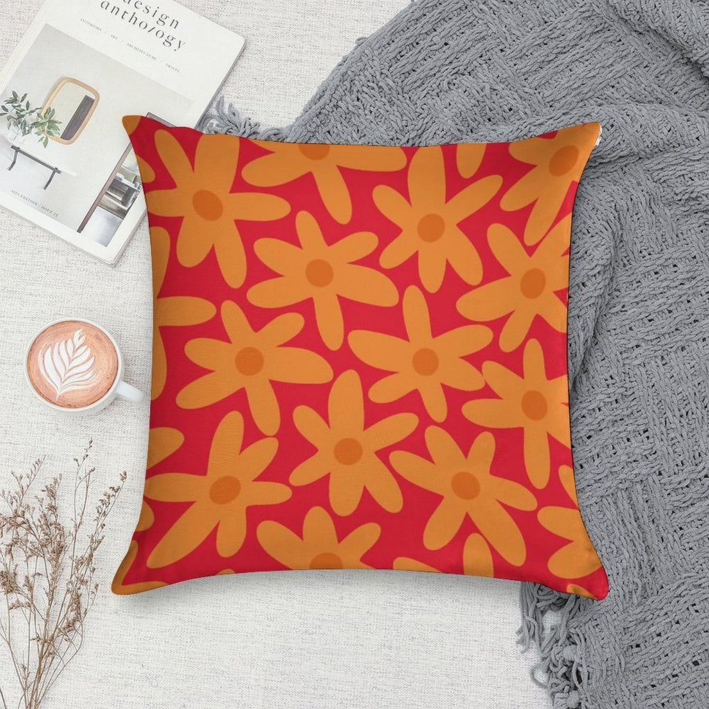 Daisy Time Retro Floral Pattern in Orange And Red Soft Gift Ready Throw Pillow