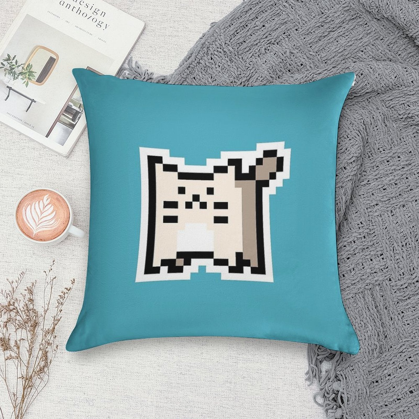 White Pixel-Cat Soft Home Decor Throw Pillow