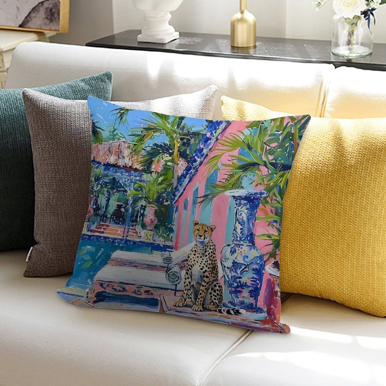 Cheetah at The Swimming Pool in Palm Beach Soft Luxury Feel Throw Pillow