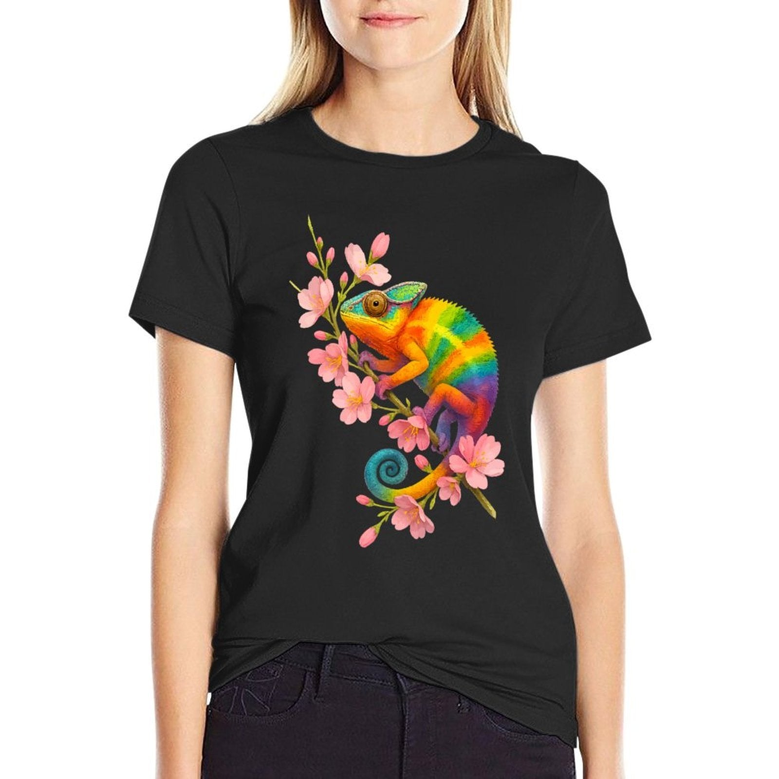 Rainbow Chameleon Colorful Reptile Art with Floral Branch Premium  Oversized Silhouette T-Shirt