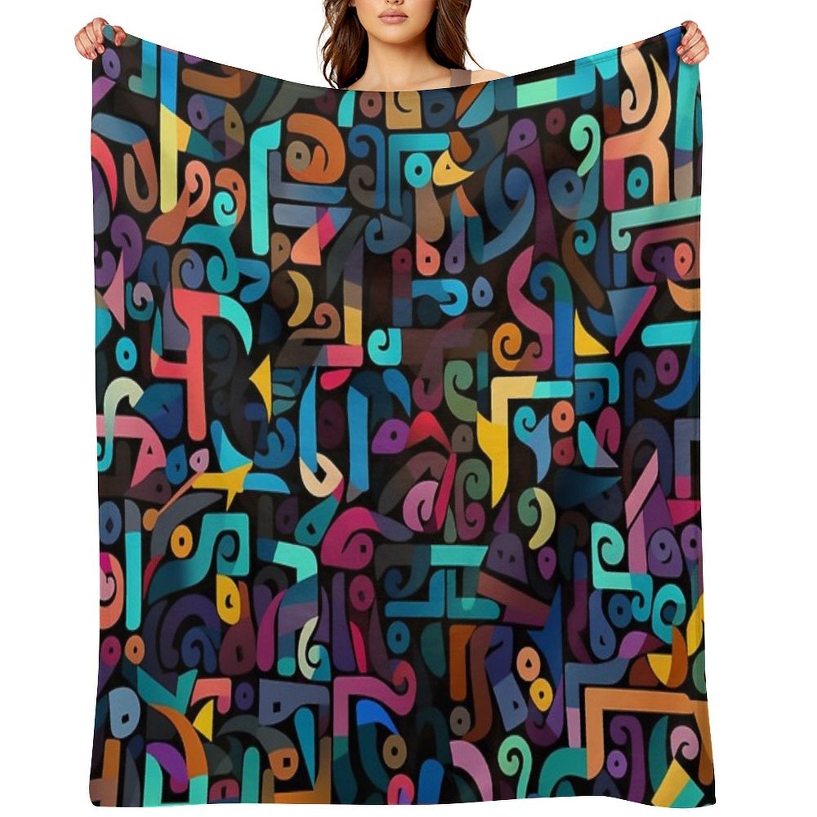Colorful Fantasy Pattern Orange Yellow Green Red Turquoise Black Ornaments Easy Care Throw Blanket