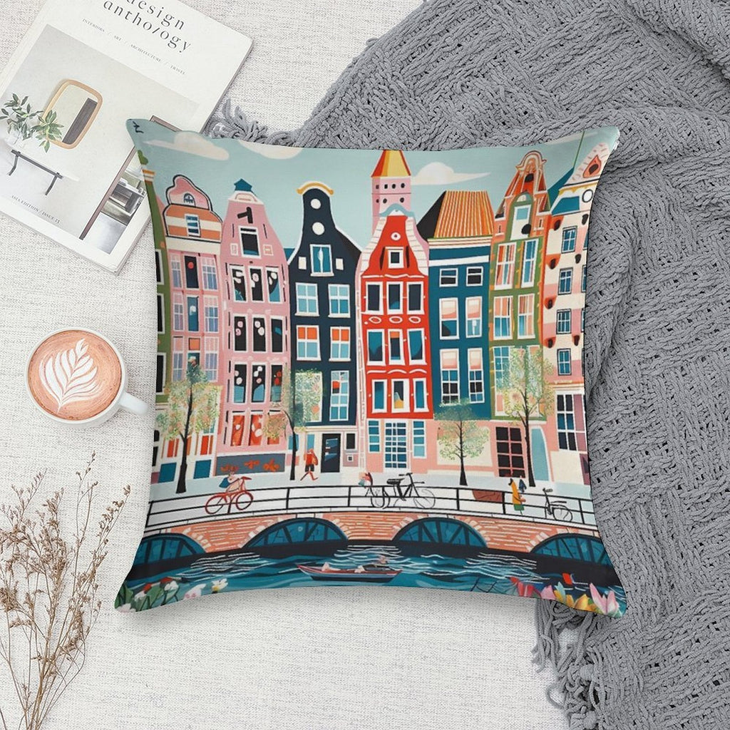 Amsterdam Canal Poster - Colorful Houses And Buildings Illustration Soft Gift Ready Throw Pillow