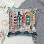 Amsterdam Canal Poster - Colorful Houses And Buildings Illustration Soft Gift Ready Throw Pillow