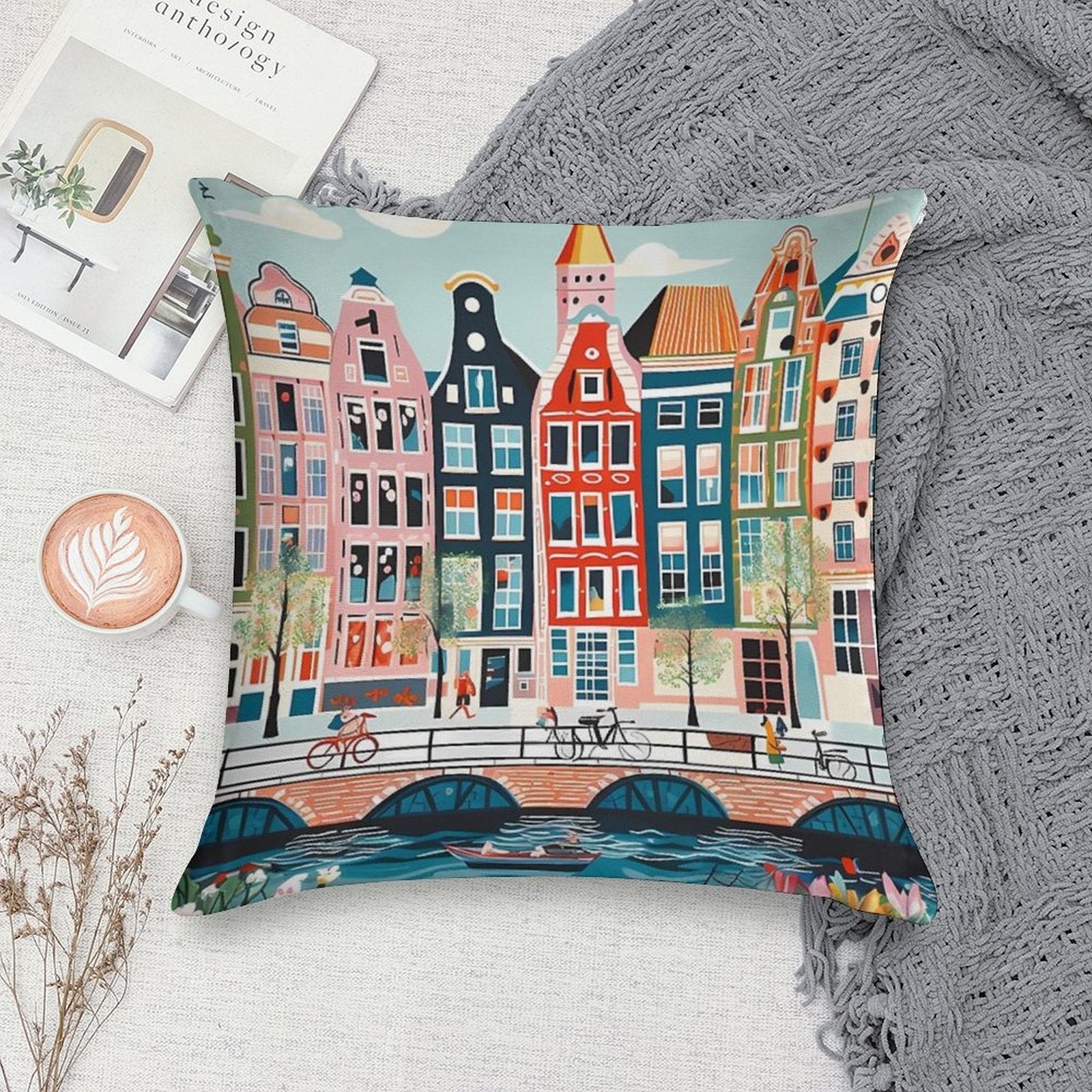 Amsterdam Canal Poster - Colorful Houses And Buildings Illustration Soft Gift Ready Throw Pillow