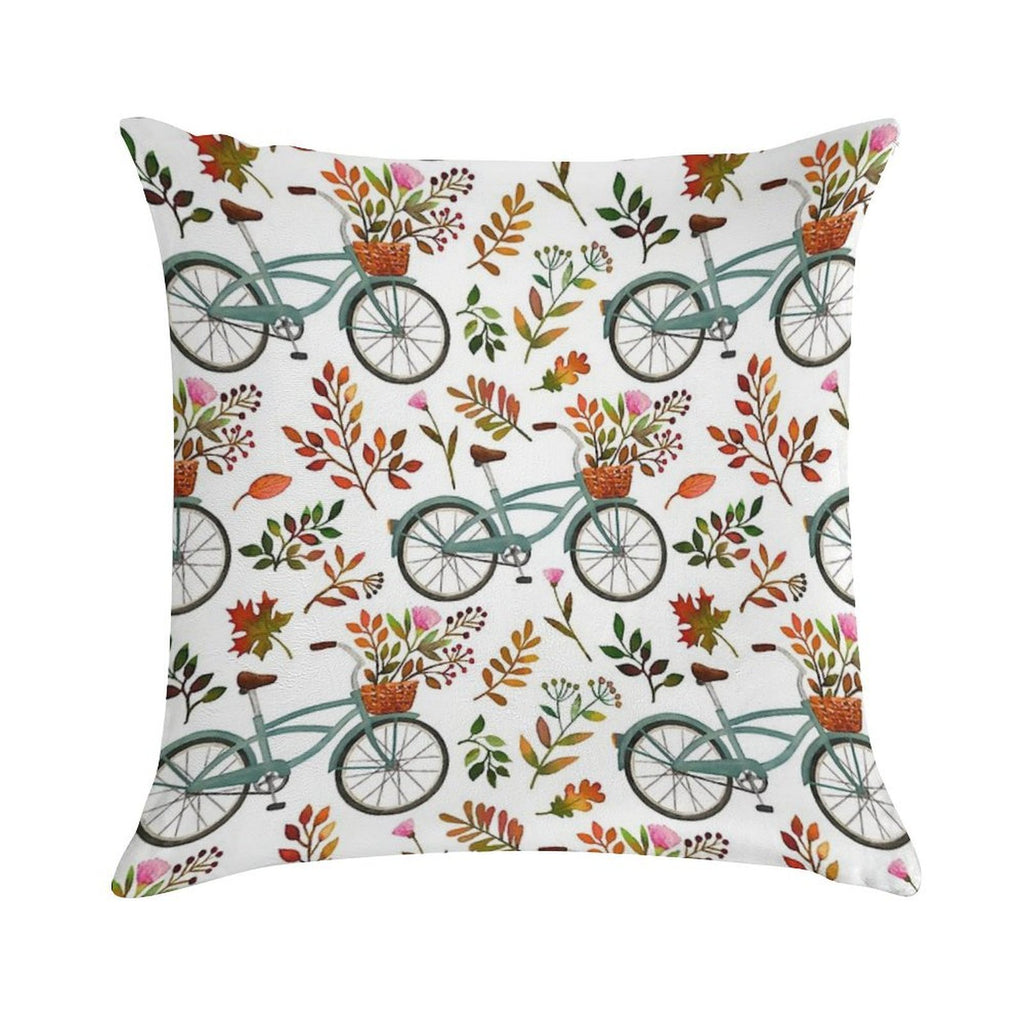 Autumn Bike Ride on White Background Soft Short Plush Fabric Throw Pillow