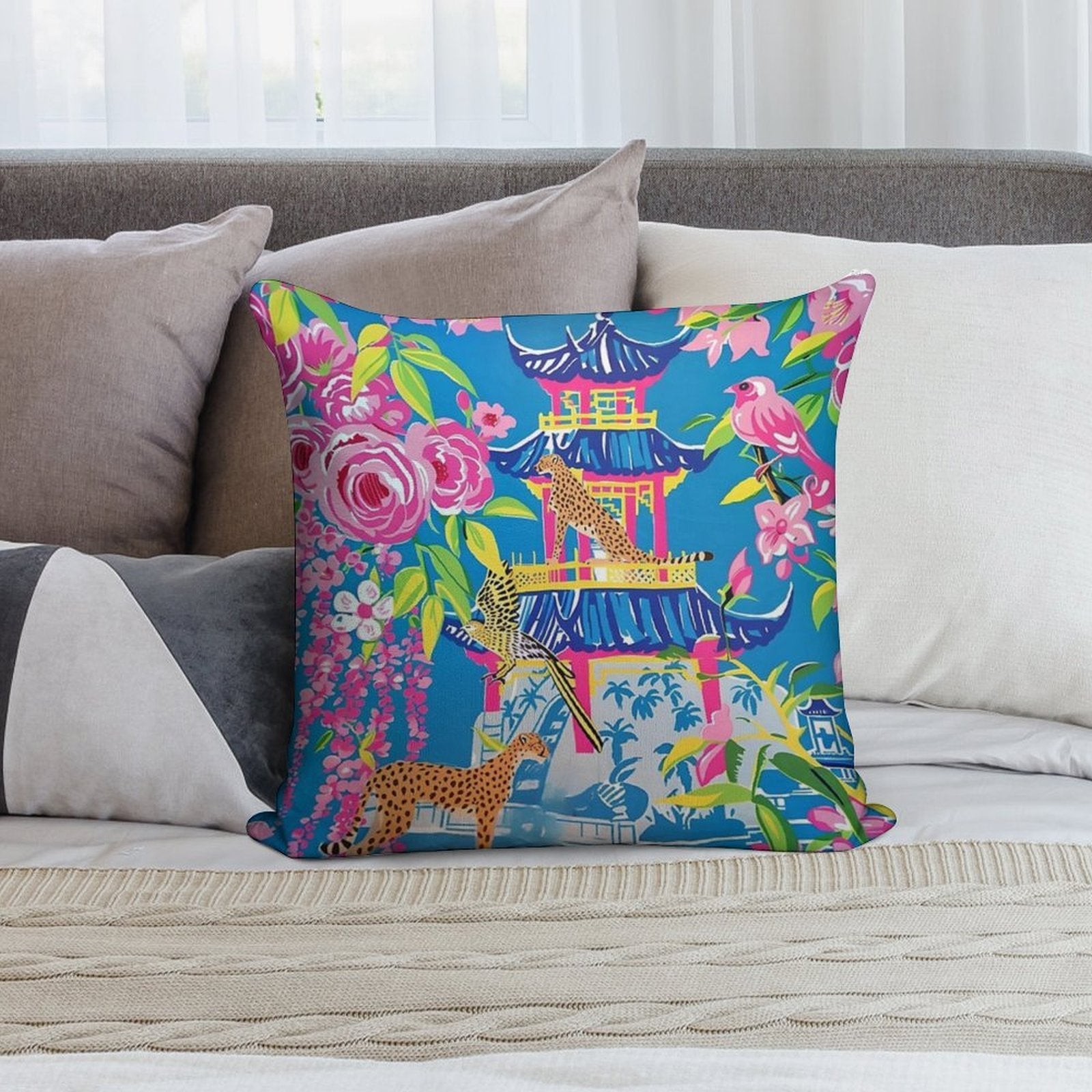 Preppy Cheetah in Chinoiserie Garden in Pink And Cornflower Blue Soft Decorative Cover Throw Pillow