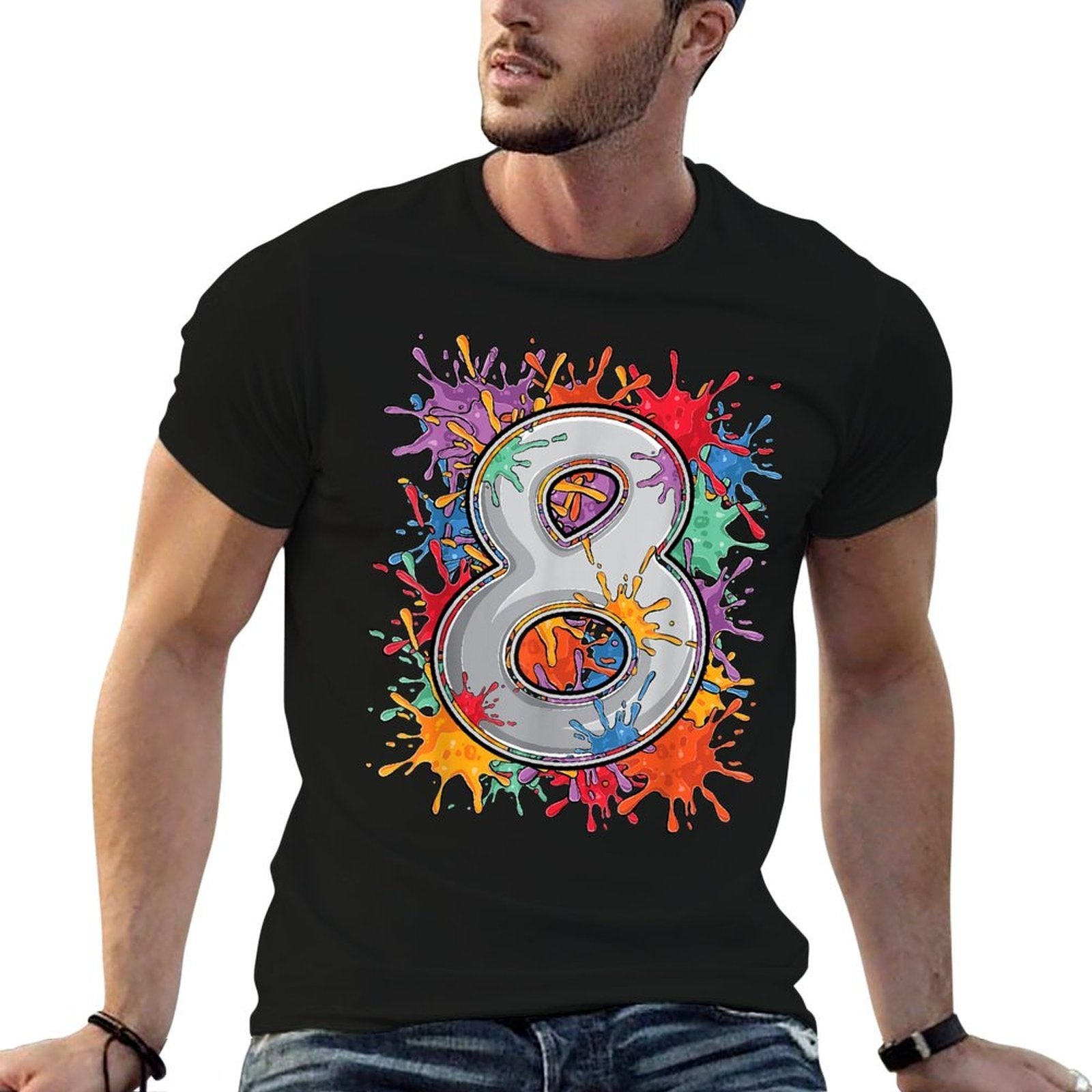 8 Year Old Colorful Splashes 8th Birthday Paint Splash  Wrinkle-resistant T-Shirt