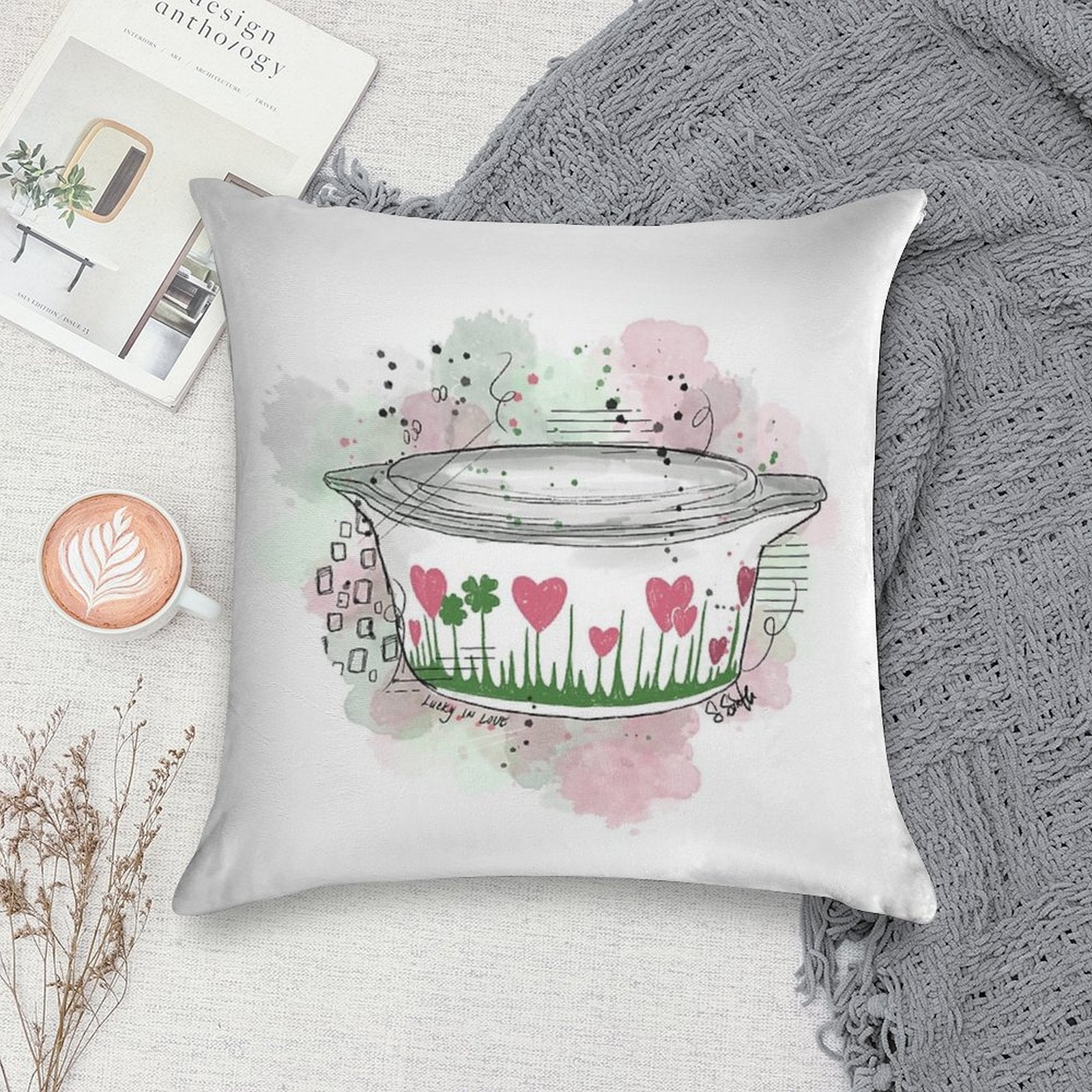 Vintage Pyrex Lucky In Love Bowl Soft Reinforced Edging Throw Pillow