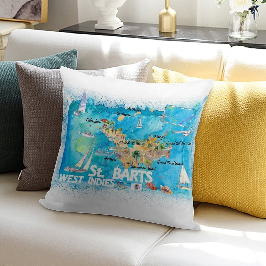 St Barts Antilles Illustrated Caribbean Map with Highlights of West Indies Island Dream Soft Bedroom Essential Throw Pillow