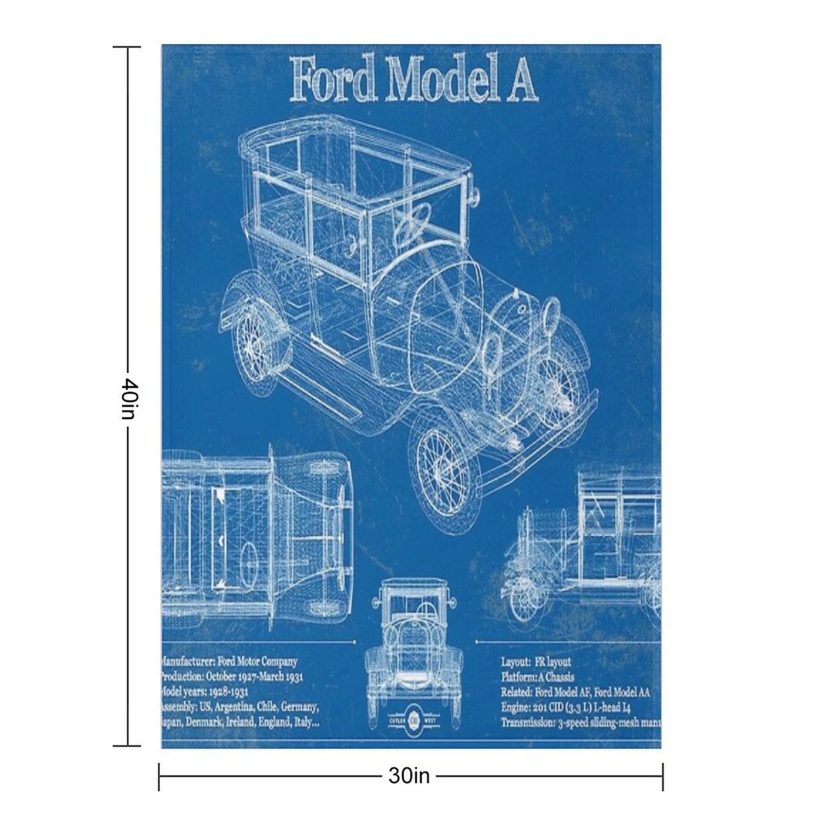 Ford Model A Vintage Blueprint Plush Throw Blanket