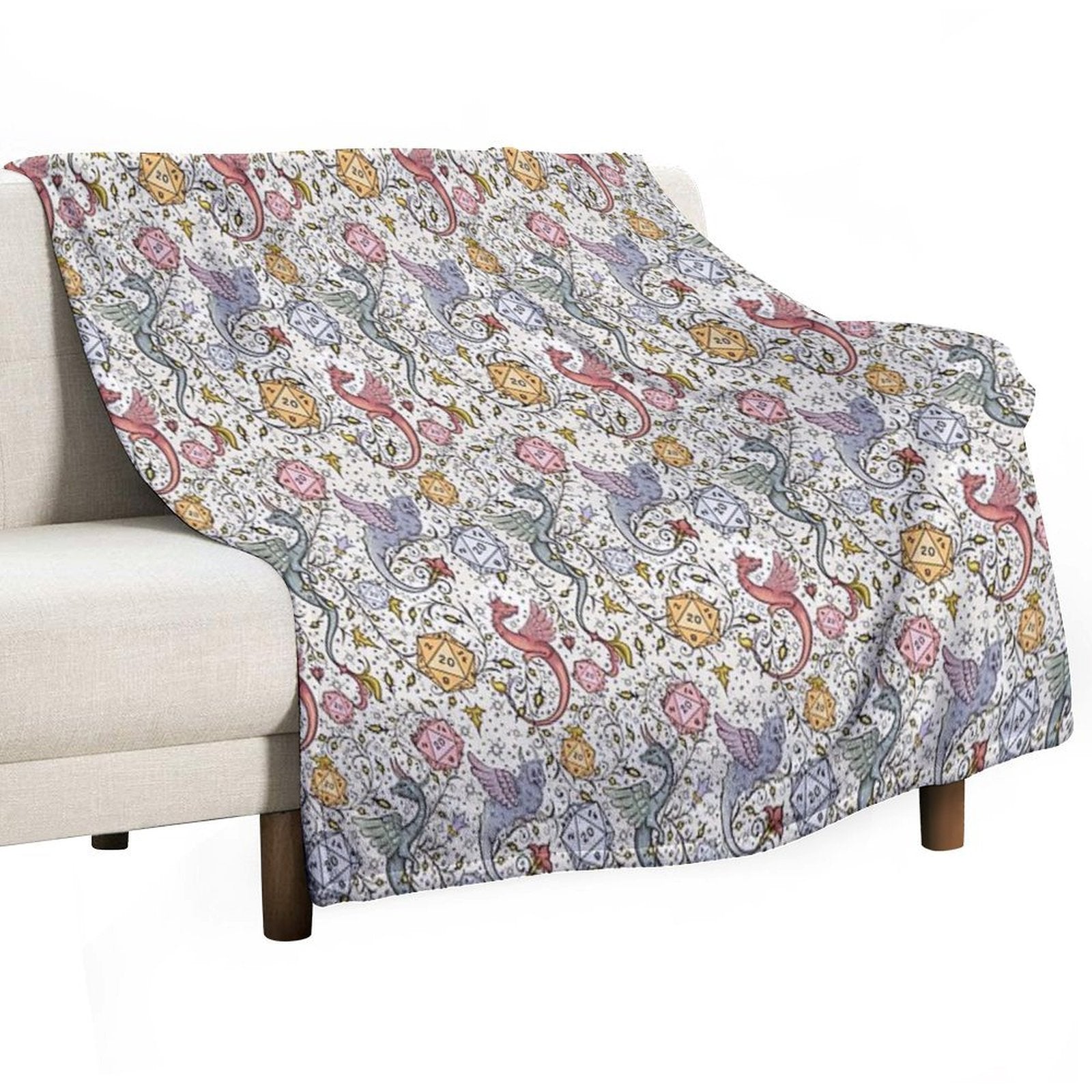VINTAGE MEDIEVAL DRAGON AND D20 DICE, Dnd Pattern, Floral, Blue, Yellow, Pink Durable Throw Blanket