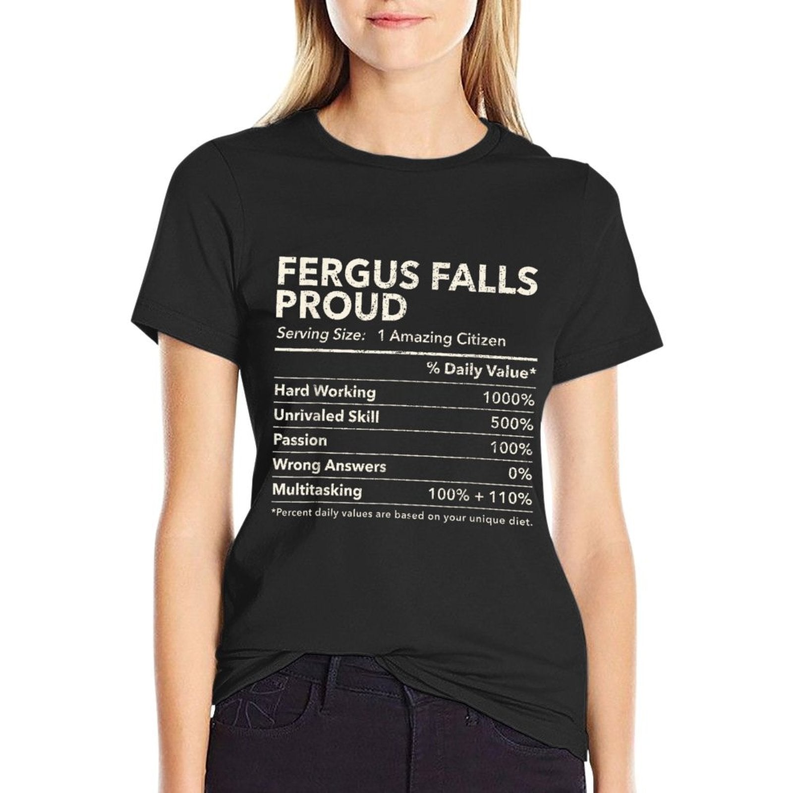 Fergus Falls, Minnesota Proud Nutrition Facts  Eco-friendly Material T-Shirt